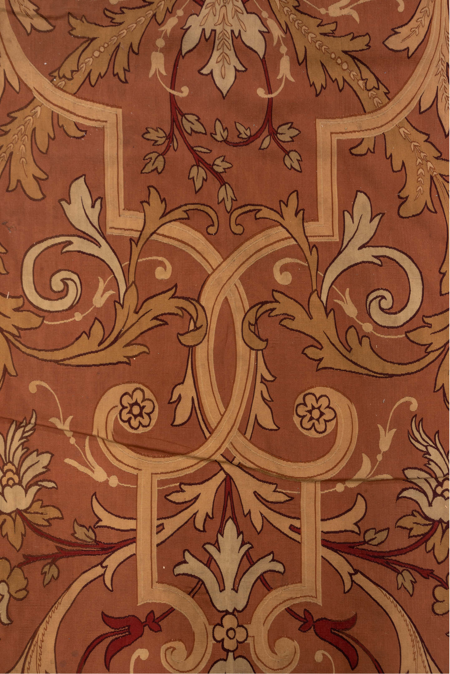 5' x 10' one-of-a-kind handmade antique Aubusson runner rug. Color palette: rose, terra cotta, ivory, burgundy, taupe, camel