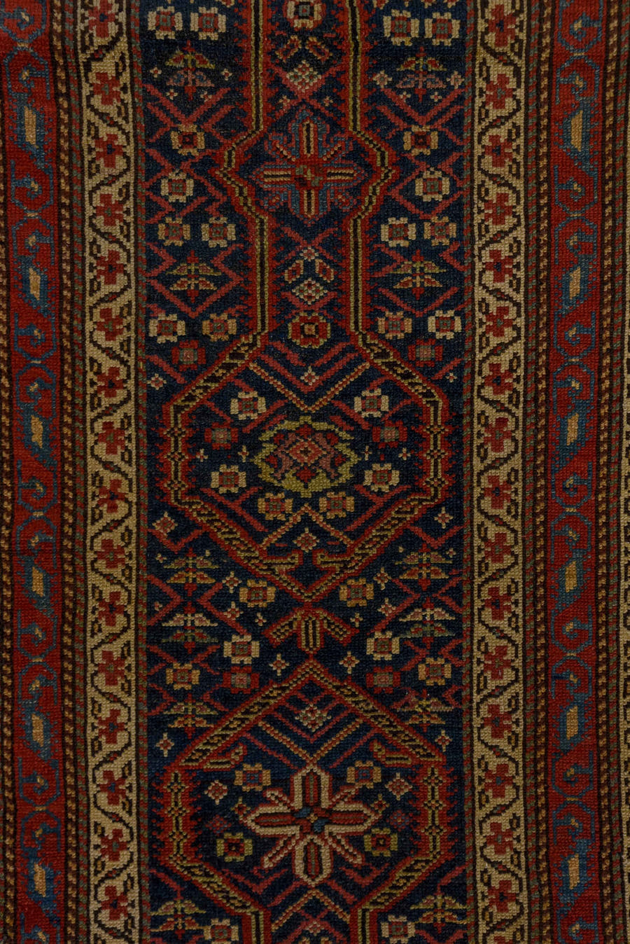 2' x 14' one-of-a-kind handmade antique Malayer runner rug. Color palette: navy, rust, ivory, brick, sky_blue, rose, camel