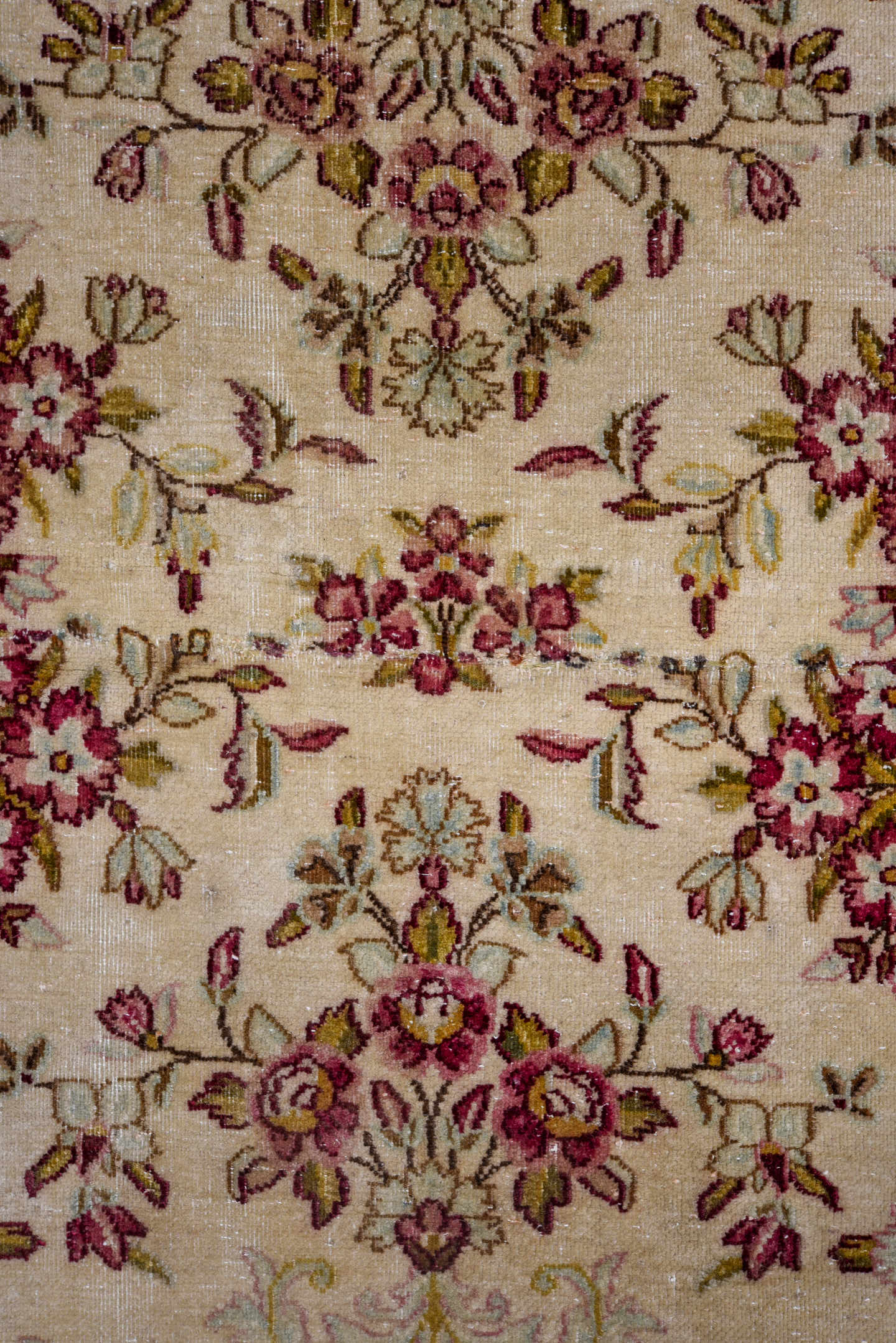 2' x 20' one-of-a-kind handmade antique Kerman runner rug. Color palette: ivory, rose, burgundy, brown, gold, taupe, pink