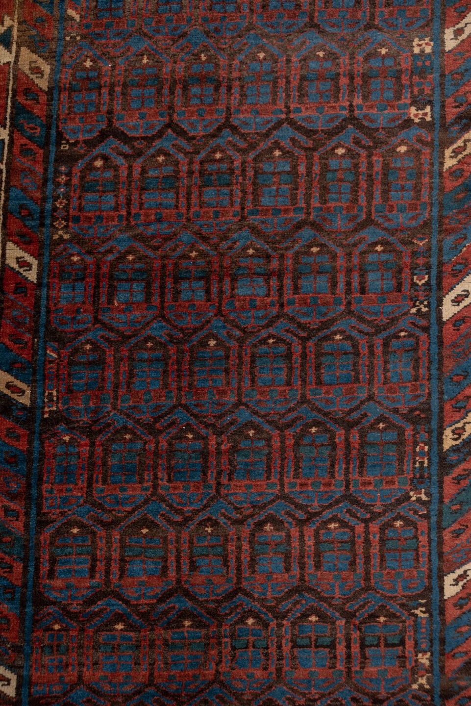 3' x 15' one-of-a-kind handmade antique Sarab runner rug. Color palette: indigo, rust, ivory, navy, camel, crimson, purple