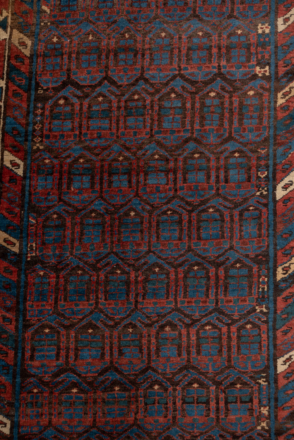 3' x 15' one-of-a-kind handmade antique Sarab runner rug. Color palette: indigo, rust, ivory, navy, camel, crimson, purple