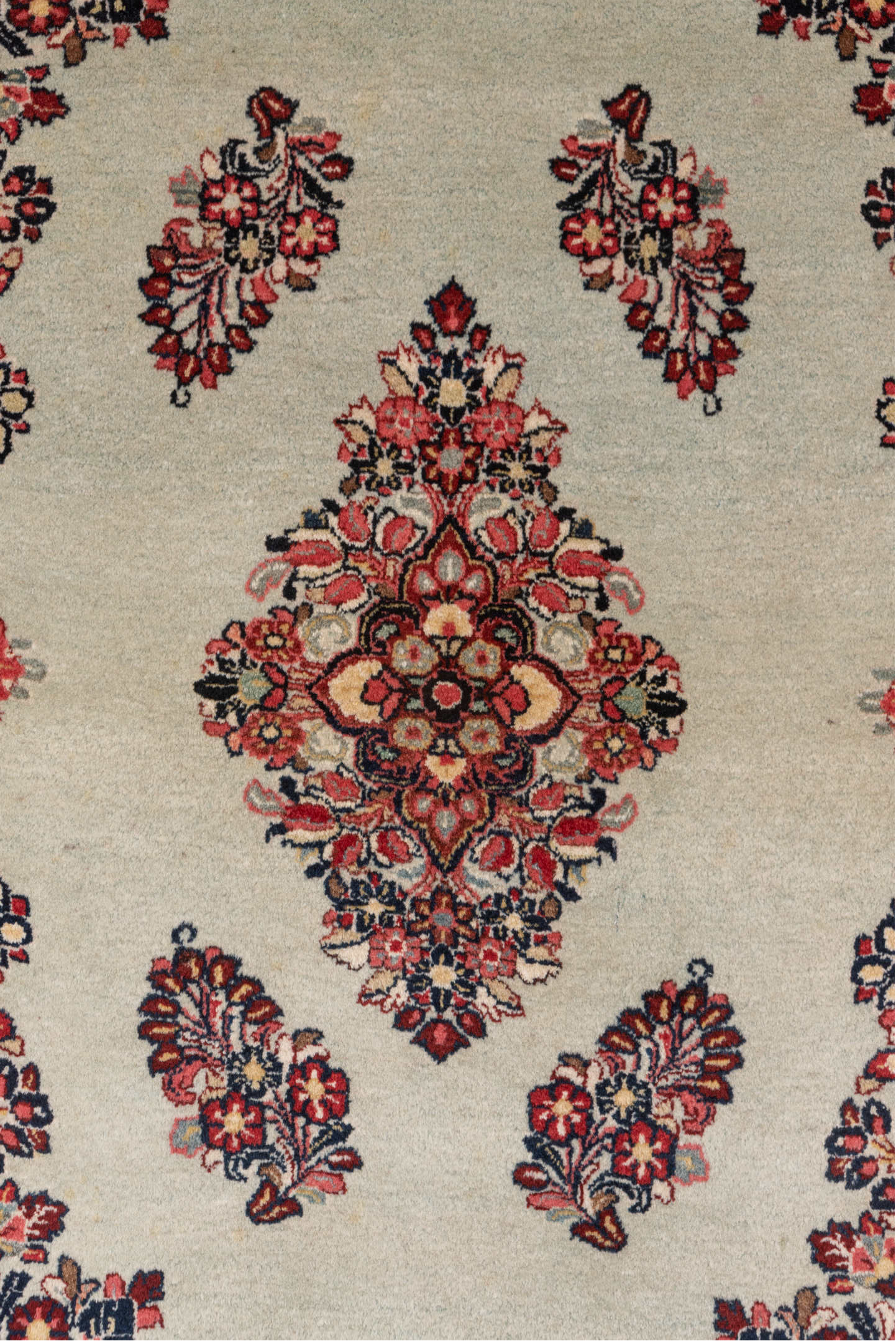 3' x 4' one-of-a-kind handmade antique Sarouk small size rug. Color palette: ivory, burgundy, navy, rose, blush, charcoal