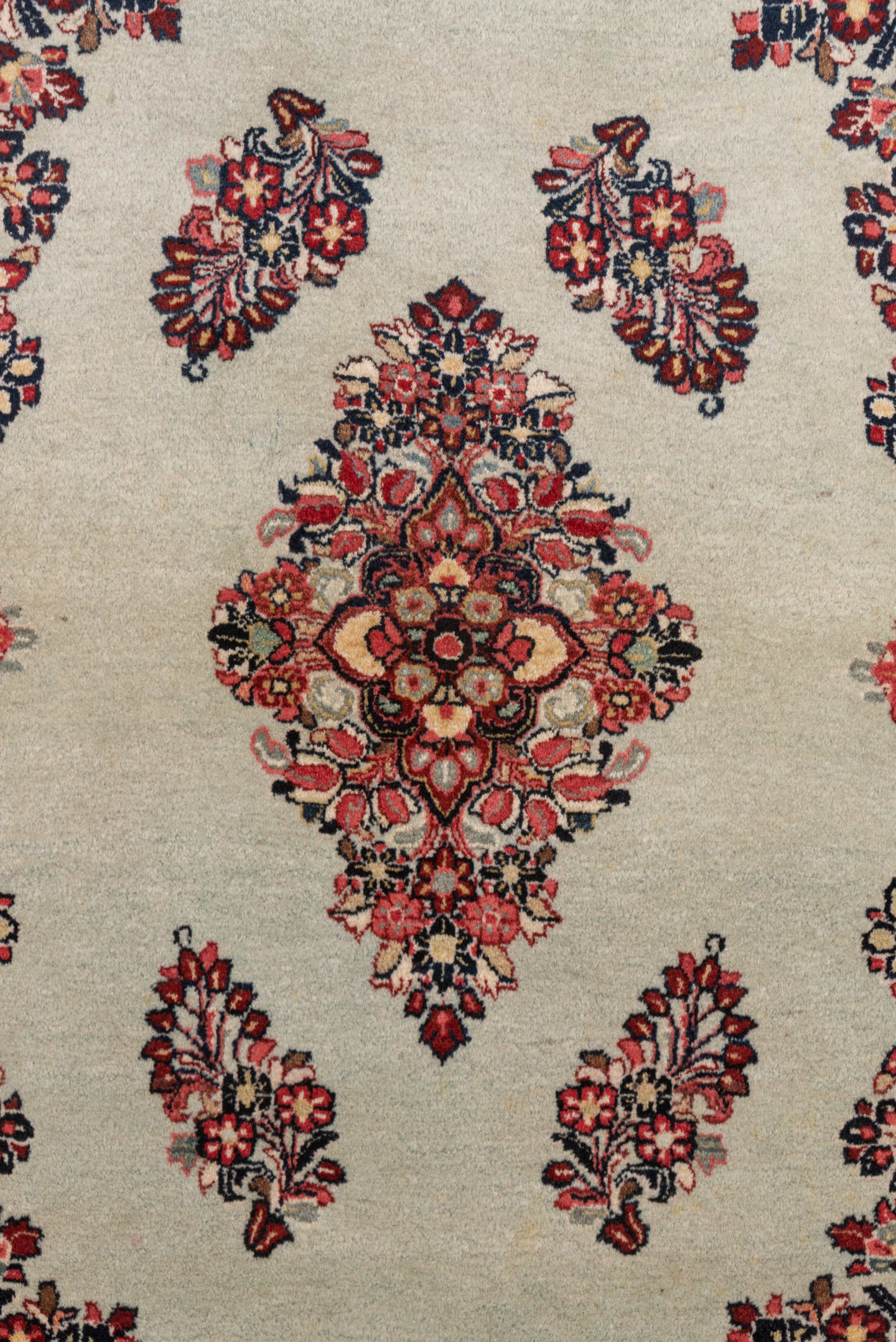 3' x 4' one-of-a-kind handmade antique Sarouk small size rug. Color palette: ivory, burgundy, navy, rose, blush, charcoal