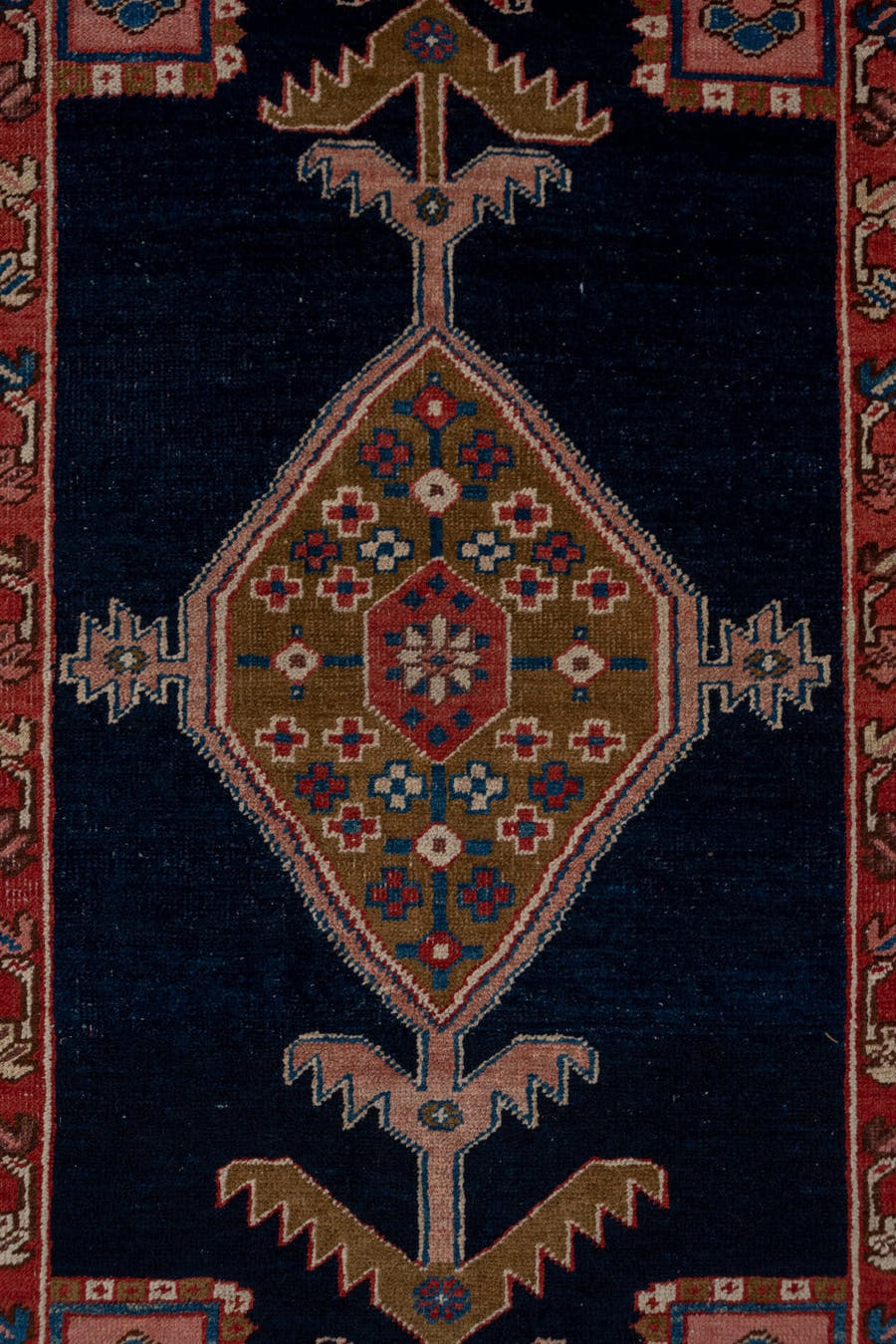 3' x 11' one-of-a-kind handmade antique Serapi runner rug. Color palette: navy, rust, ivory, camel, sky blue, rose, brown
