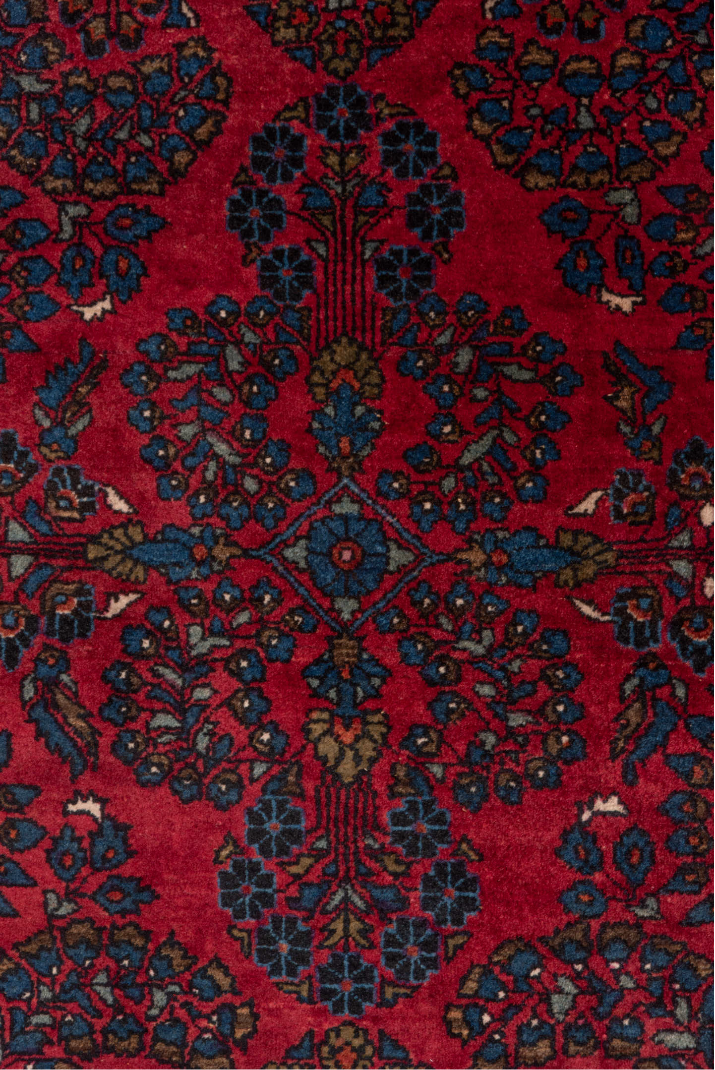 3' x 4' one-of-a-kind handmade vintage Sarouk small size rug. Color palette: crimson, navy, ivory, rose, camel, charcoal