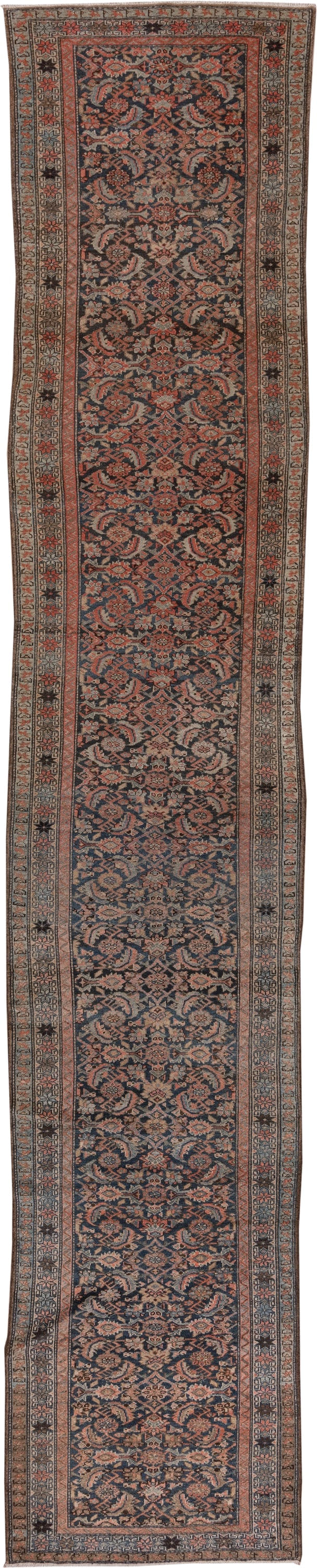 3' x 17' one-of-a-kind handmade antique Malayer runner rug. Color palette: navy, rust, ivory, slate, taupe, camel, blue