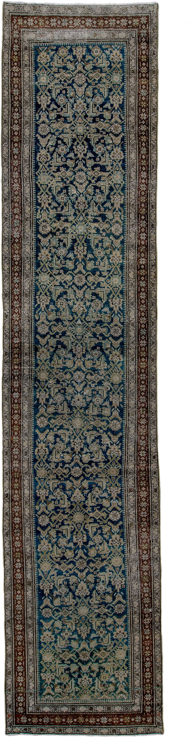 3' x 15' one-of-a-kind handmade antique Malayer runner rug. Color palette: blue, ivory, rust, navy, camel, brown, terracotta