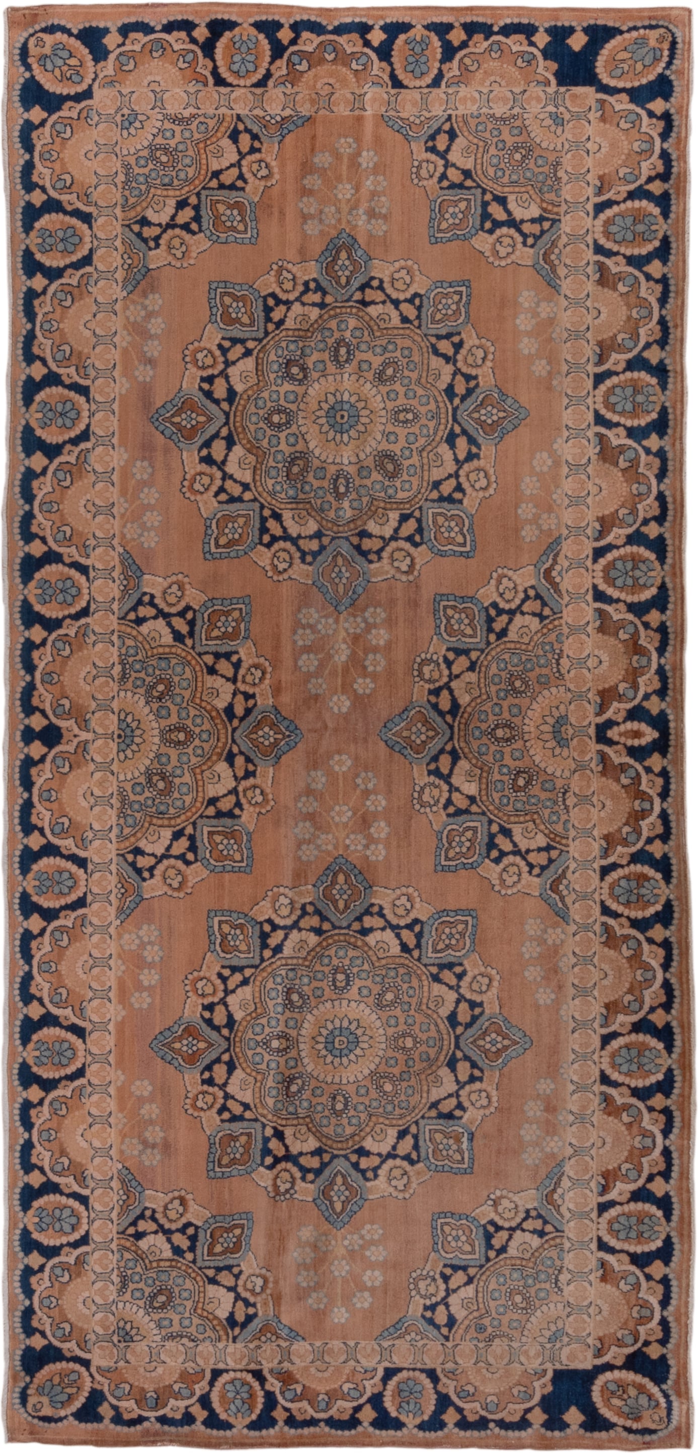 4' x 9' one-of-a-kind handmade antique Kerman runner rug. Color palette: rose, navy, taupe, ivory, slate, camel, pink, red