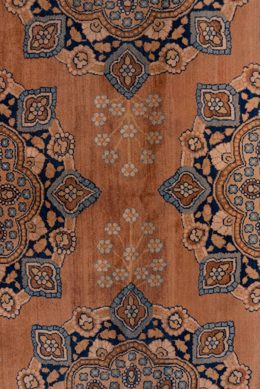 4' x 9' one-of-a-kind handmade antique Kerman runner rug. Color palette: rose, navy, taupe, ivory, slate, camel, pink, red