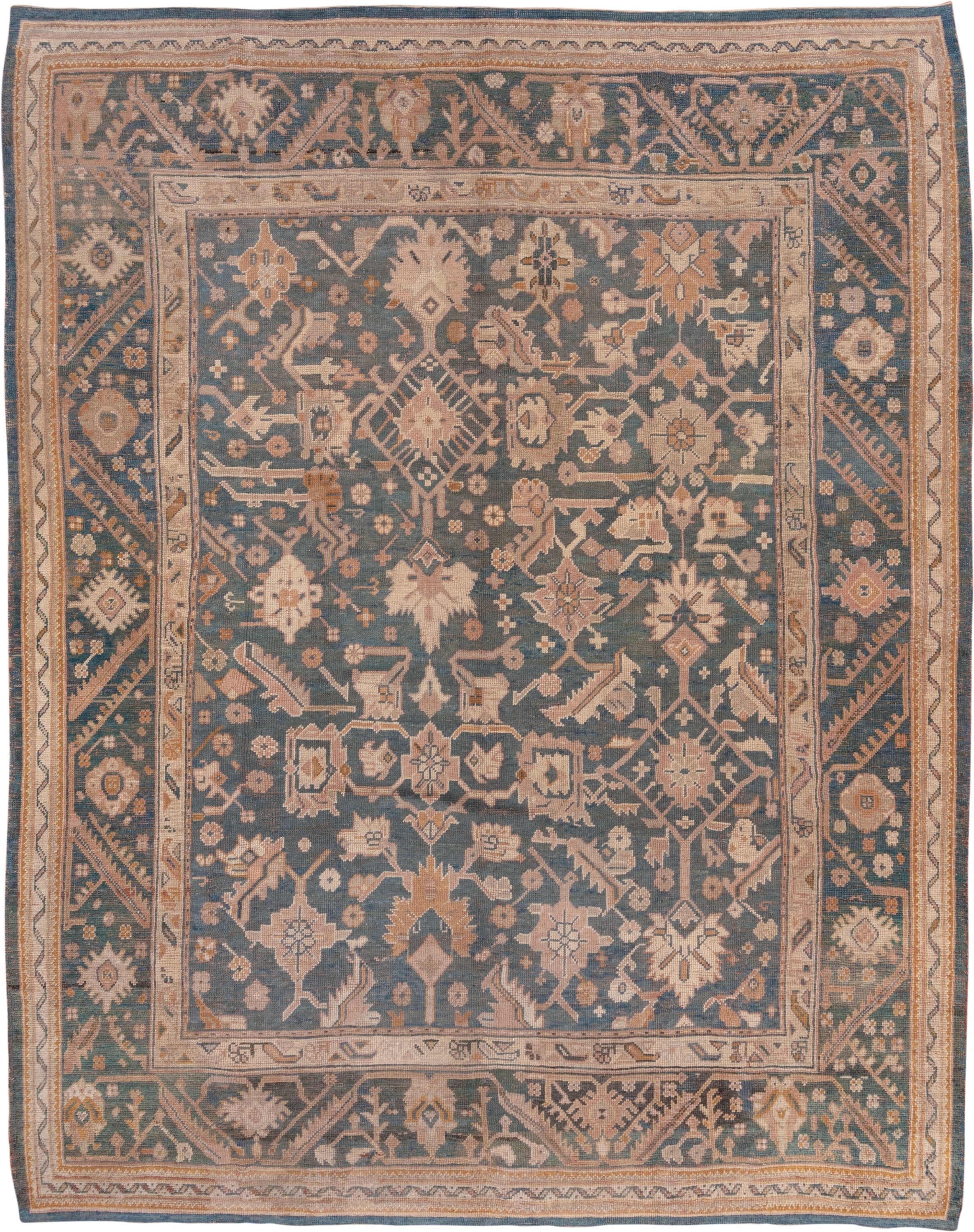 10' x 13' one-of-a-kind handmade antique Oushak large size rug. Color palette: blue, ivory, peach, taupe, gold, camel, slate