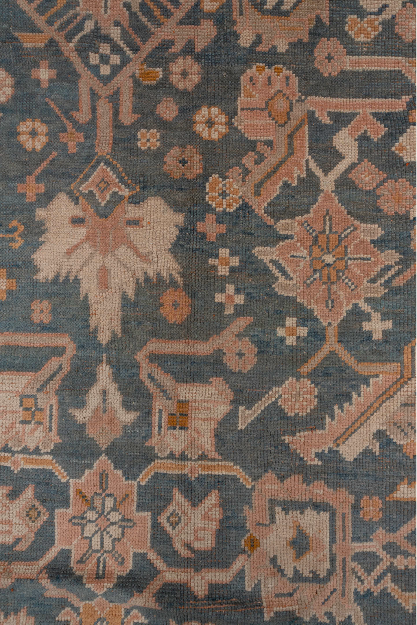 10' x 13' one-of-a-kind handmade antique Oushak large size rug. Color palette: blue, ivory, peach, taupe, gold, camel, slate