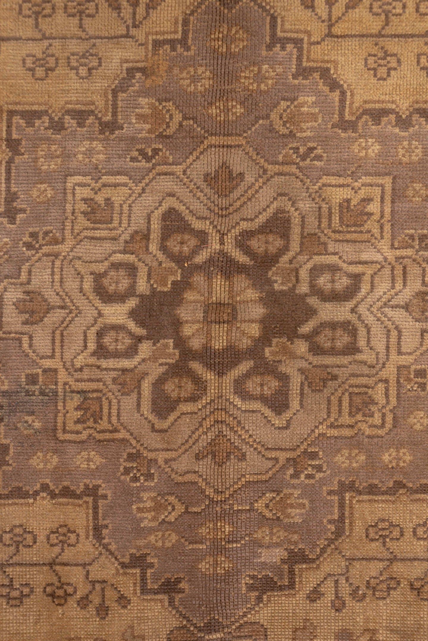 7' x 9' one-of-a-kind handmade antique Oushak rug. Color palette: beige, taupe, camel, brown, ivory, sand, mauve, gray, pink