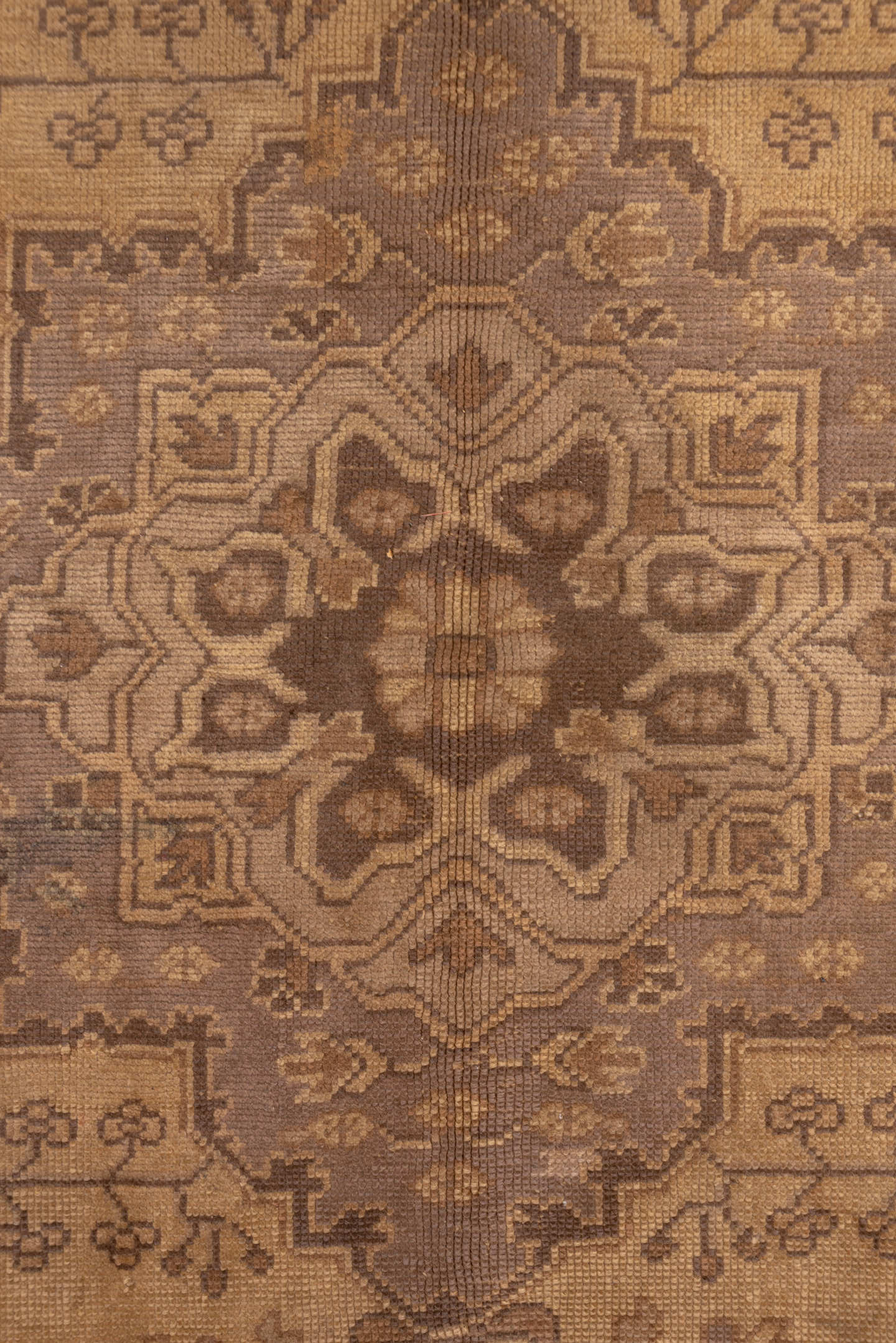 7' x 9' one-of-a-kind handmade antique Oushak rug. Color palette: beige, taupe, camel, brown, ivory, sand, mauve, gray, pink
