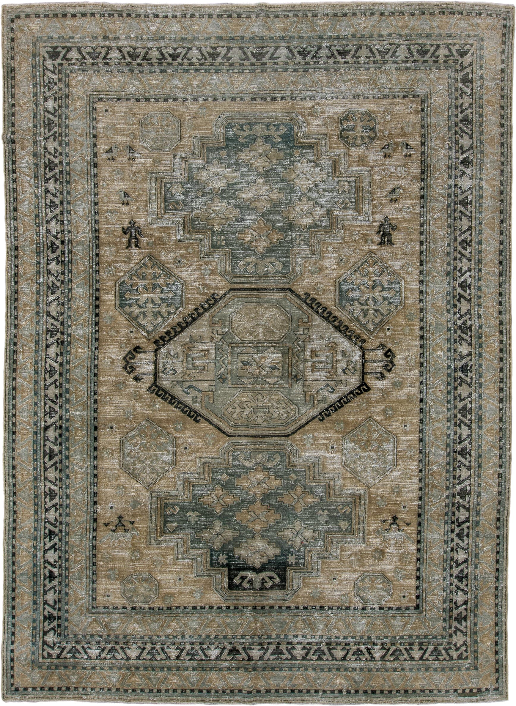 9' x 12' one-of-a-kind handmade antique Hooked large size rug. Color palette: tan, sage, ivory, charcoal, taupe, olive