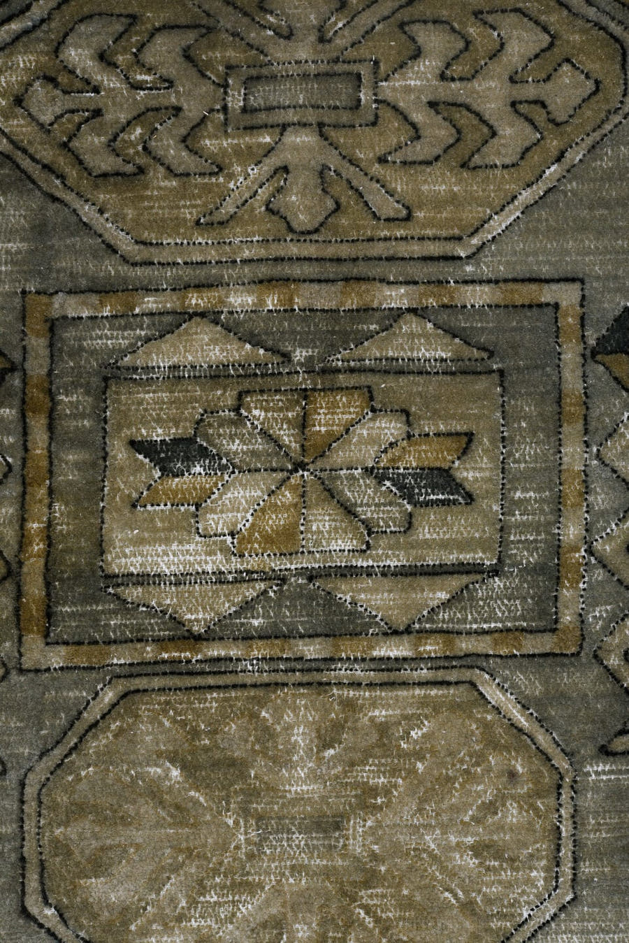 9' x 12' one-of-a-kind handmade antique Hooked large size rug. Color palette: tan, sage, ivory, charcoal, taupe, olive