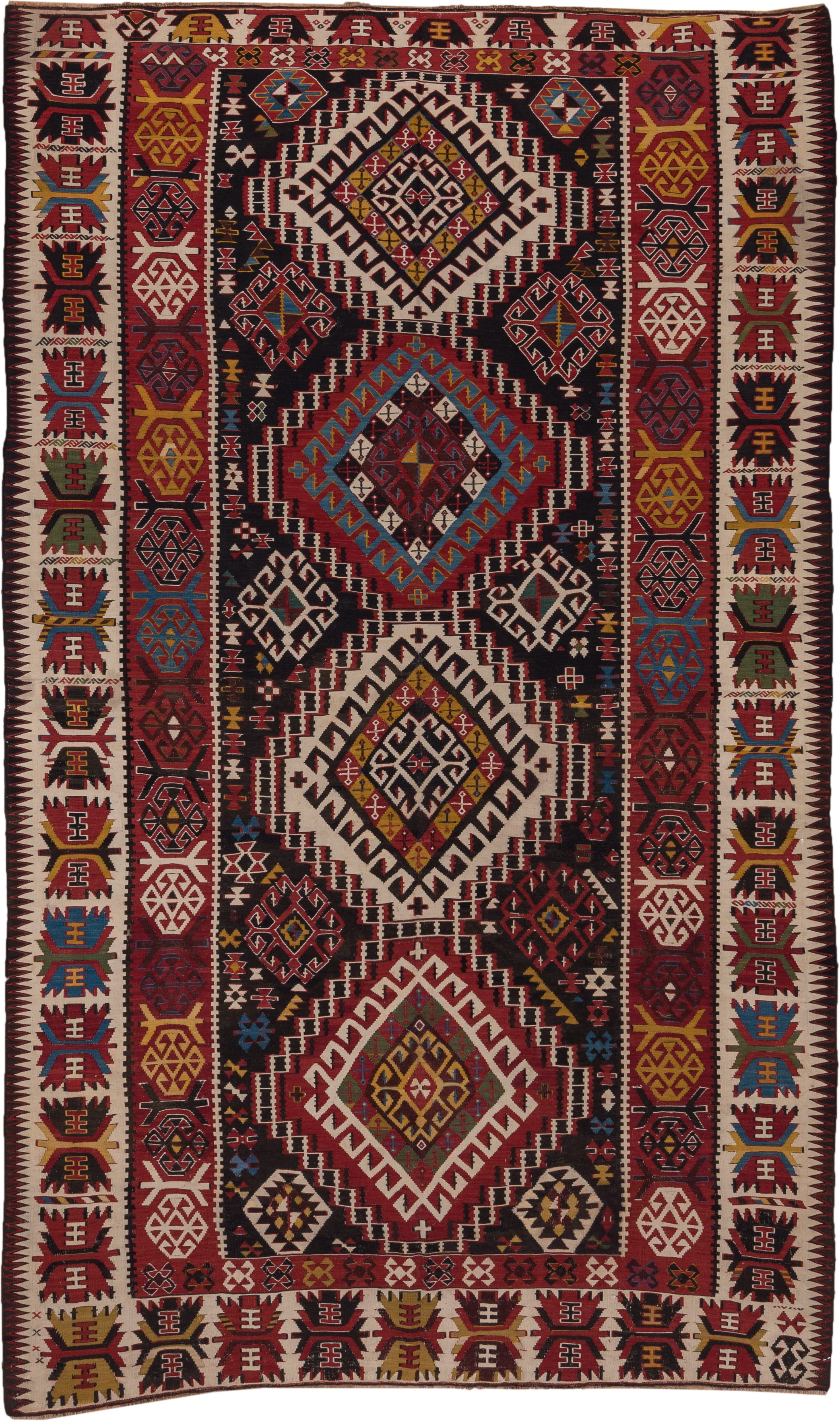 6' x 10' one-of-a-kind handmade vintage Kilim large size rug. Color palette: burgundy, ivory, rust, gold, navy, blue, olive