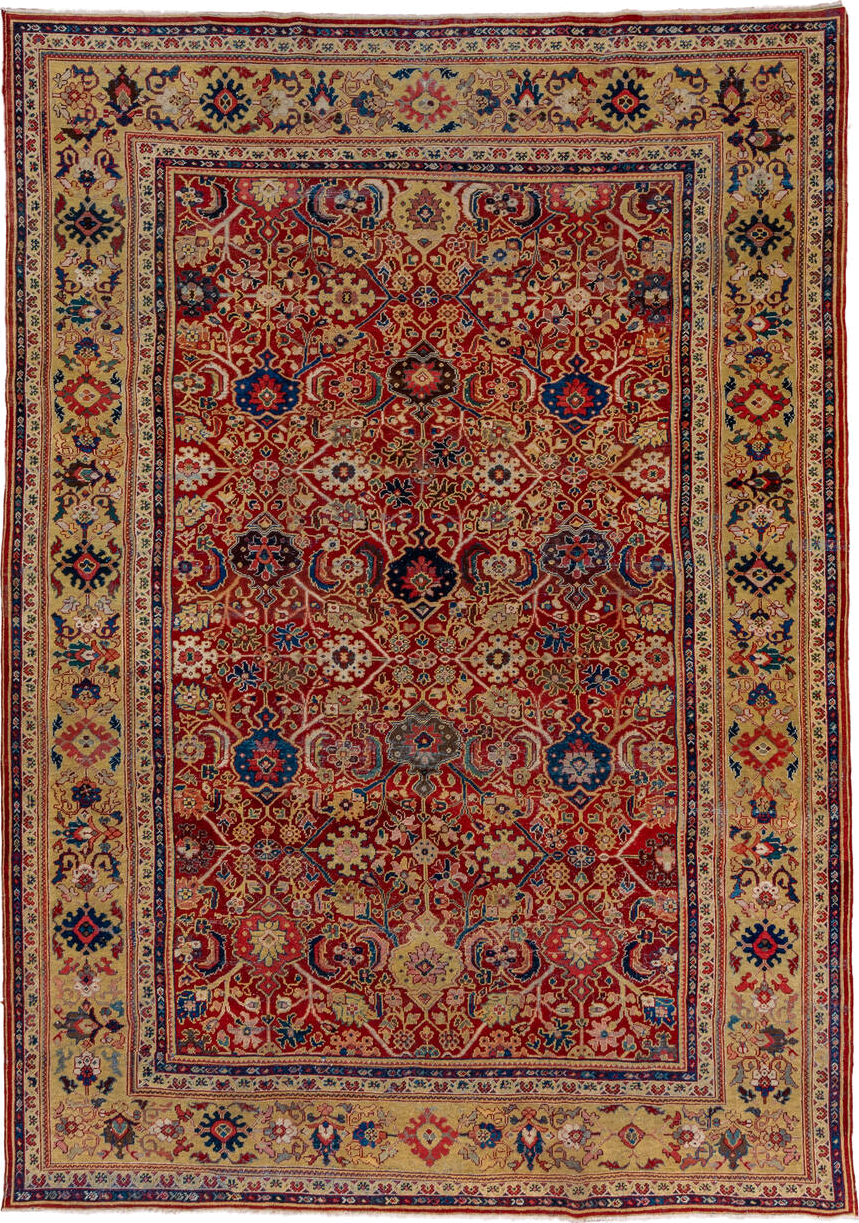 8' x 12' one-of-a-kind handmade antique Mahal large size rug. Color palette: rust, ivory, navy, gold, sky_blue, camel