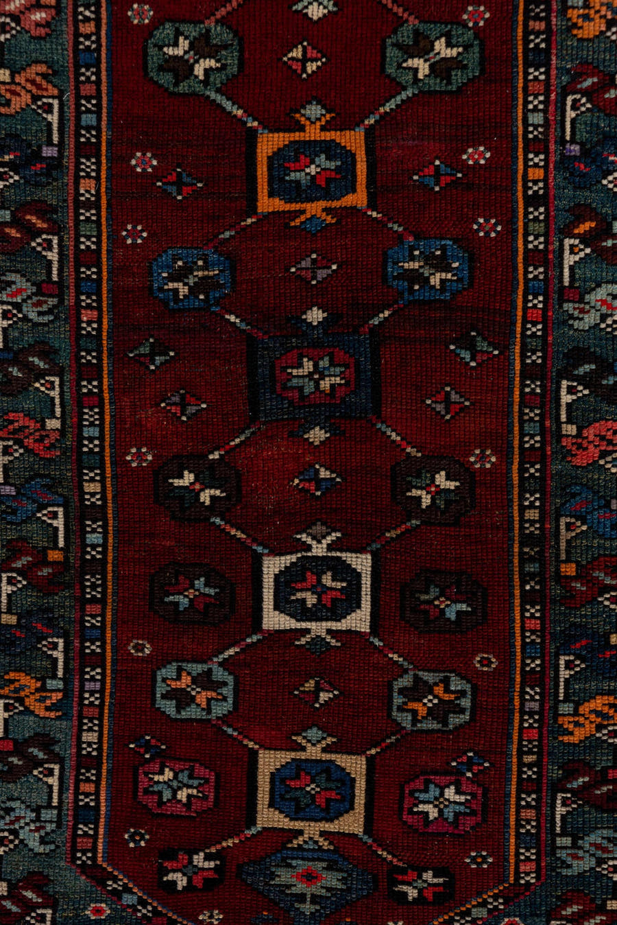 4' x 5' one-of-a-kind handmade antique Shirvan small size rug. Color palette: coral, burgundy, indigo, navy, ivory, slate