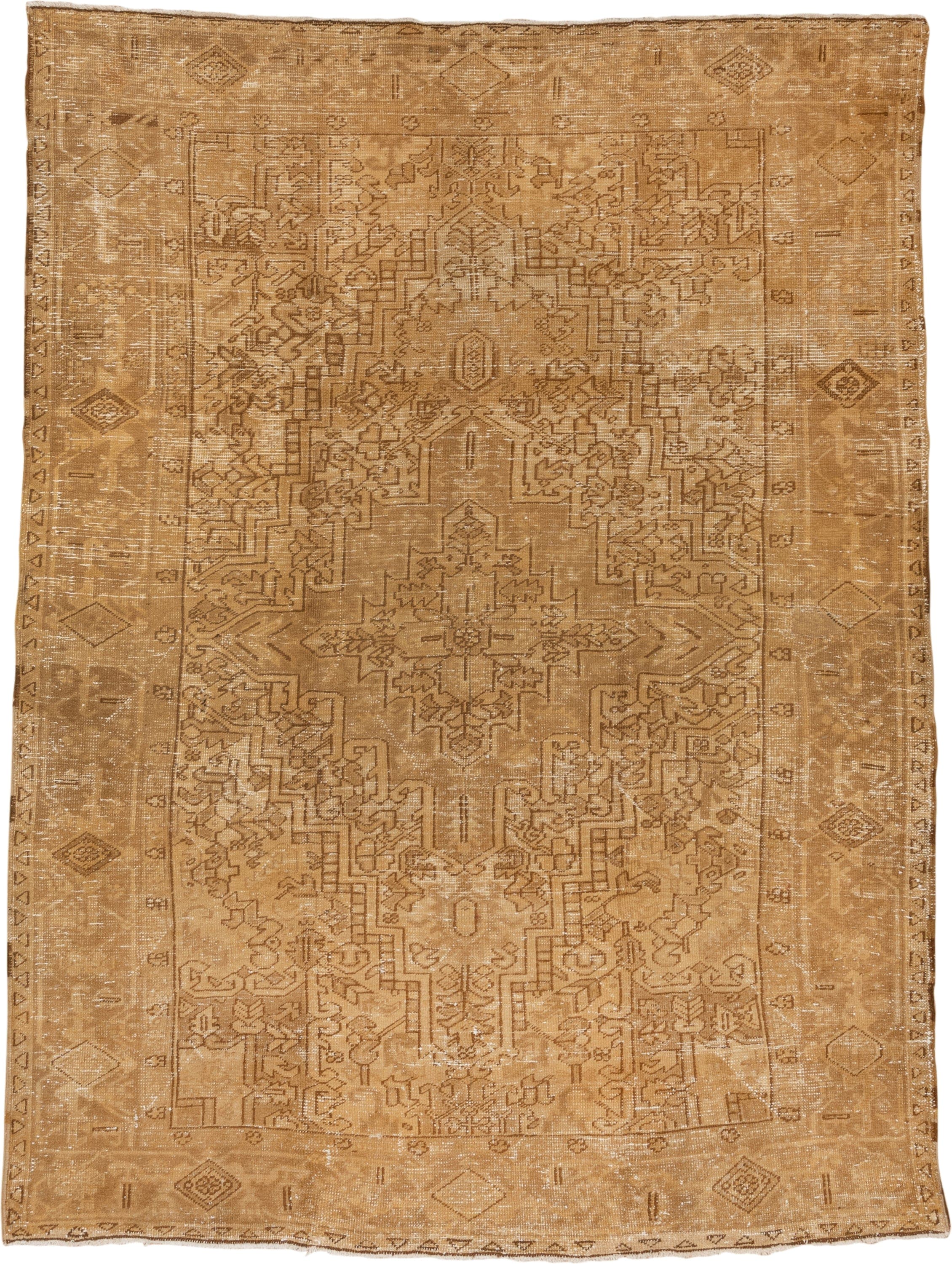 7' x 9' one-of-a-kind handmade antique Heriz rug. Color palette: camel, tan, taupe, beige, brown, ivory, gray