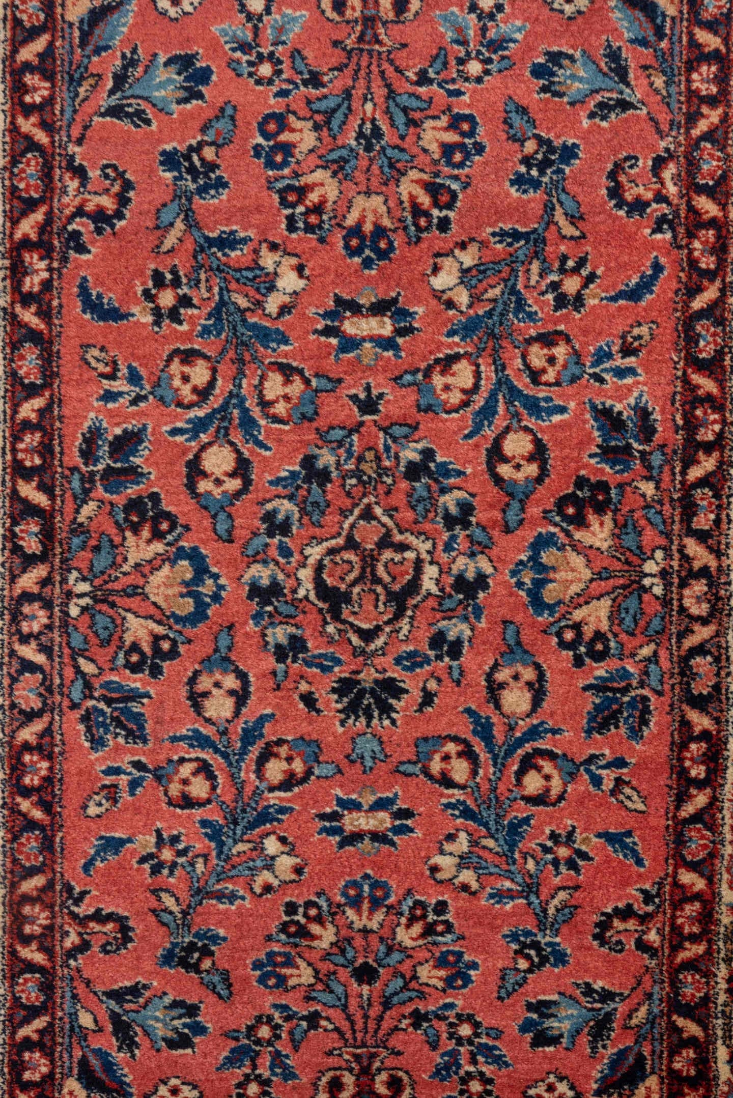2' x 4' one-of-a-kind handmade antique Kashan small size rug. Color palette: rose, navy, ivory, burgundy, sky_blue, coral