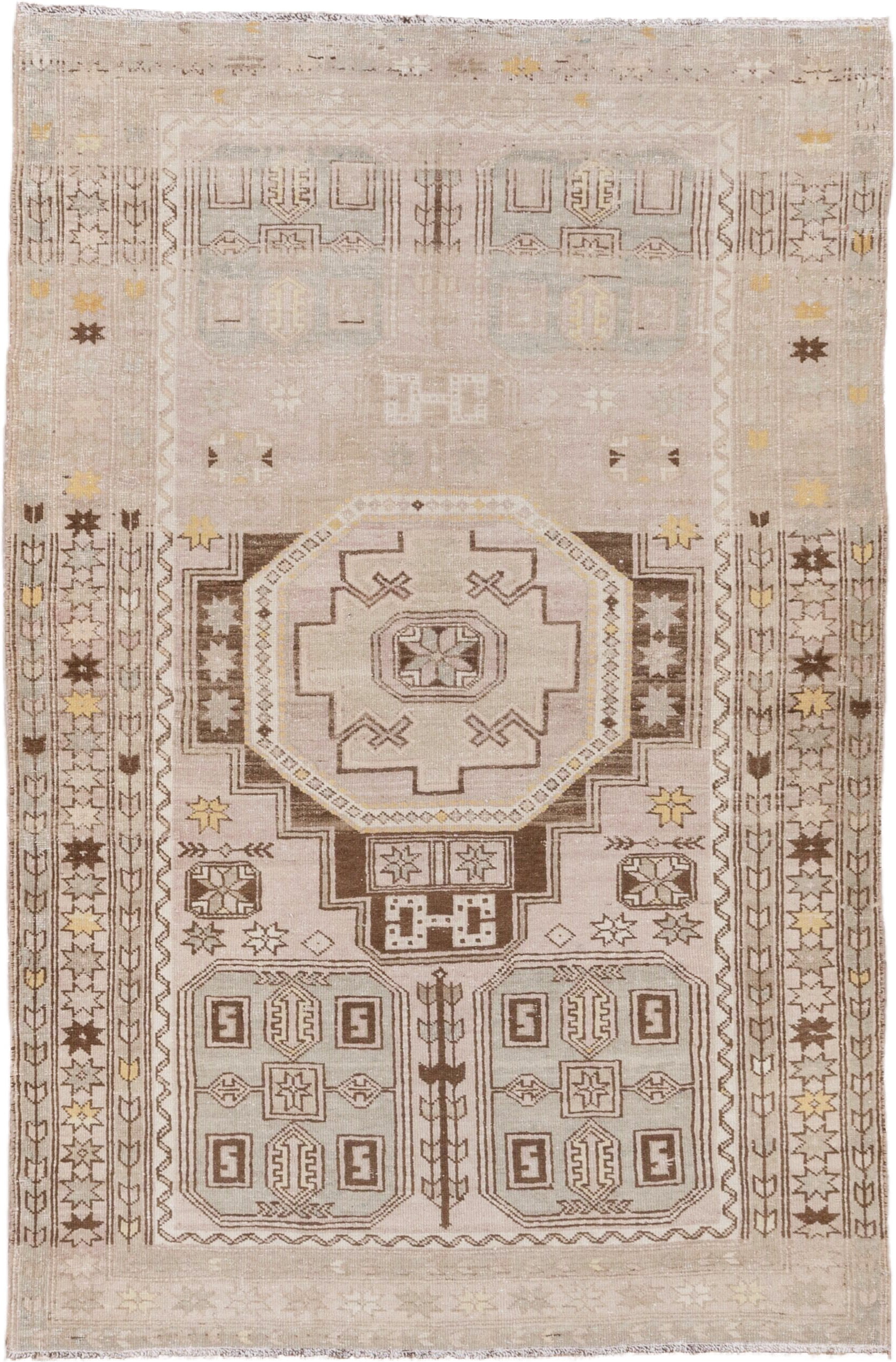 4' x 6' one-of-a-kind handmade antique Trans Caucasian small size rug. Color palette: ivory, taupe, brown, gold, beige, gray