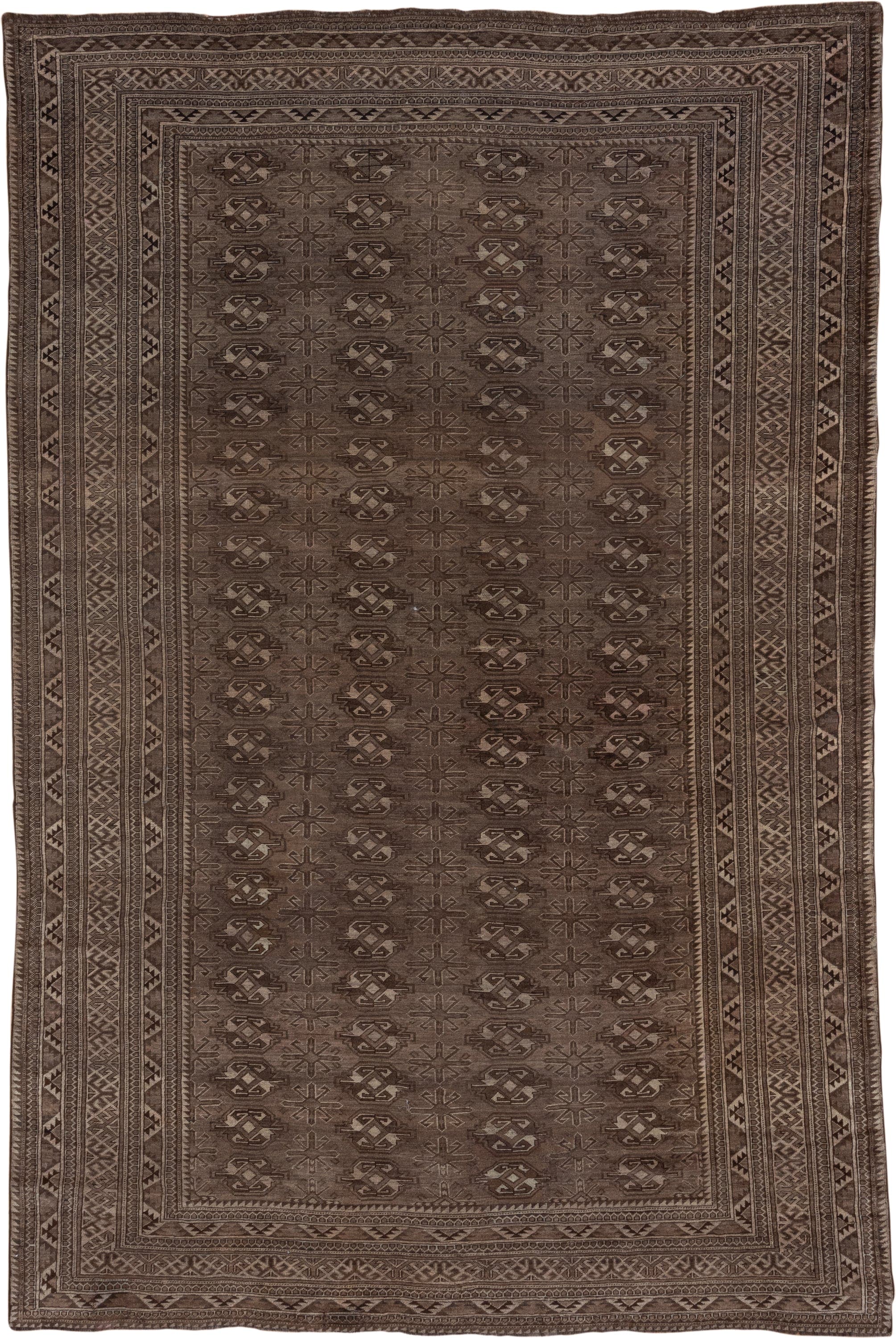 8' x 12' one-of-a-kind handmade antique Afghan large size rug. Color palette: brown, taupe, charcoal, camel, ivory, beige
