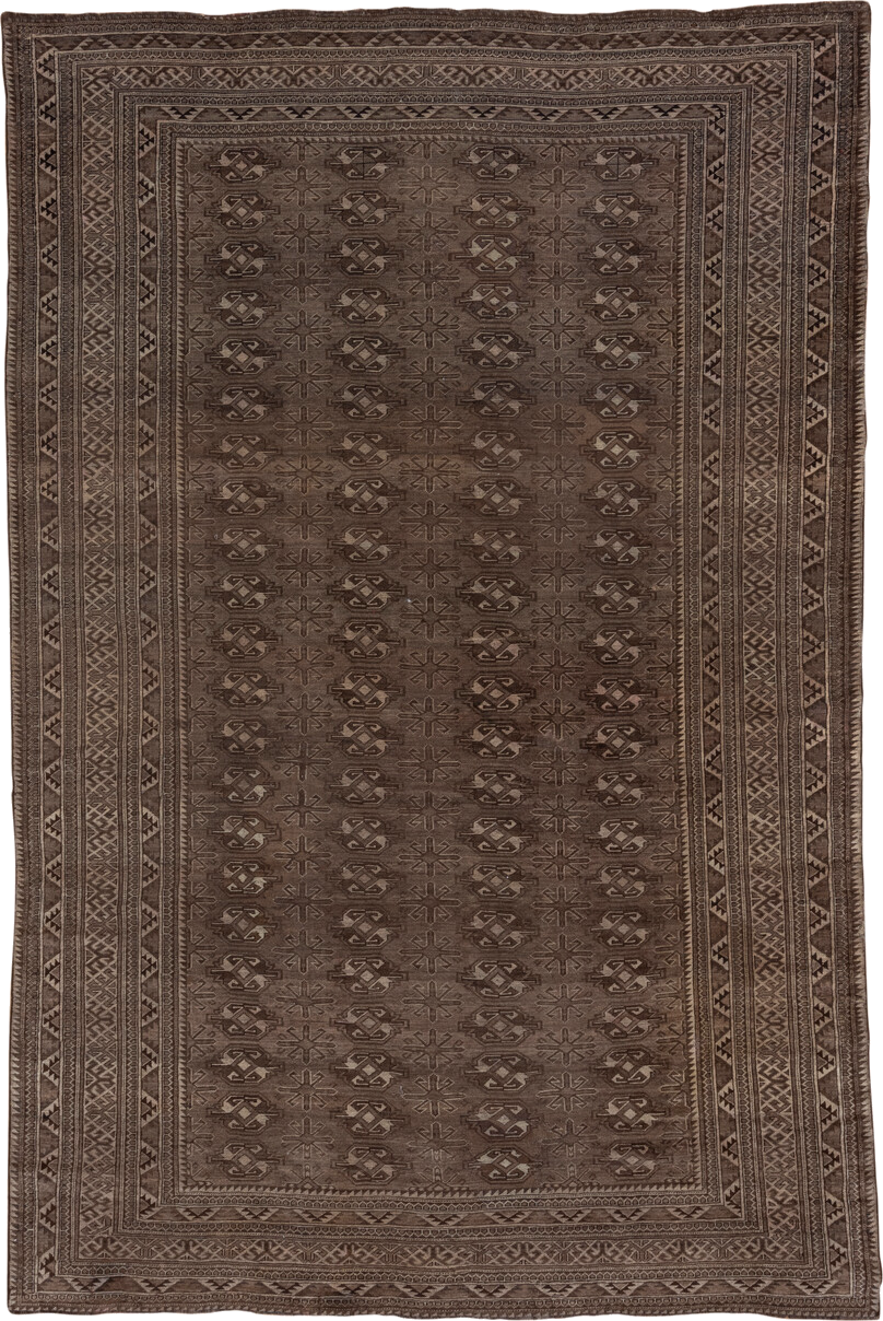 8' x 12' one-of-a-kind handmade vintage Afghan large size rug. Color palette: brown, gray