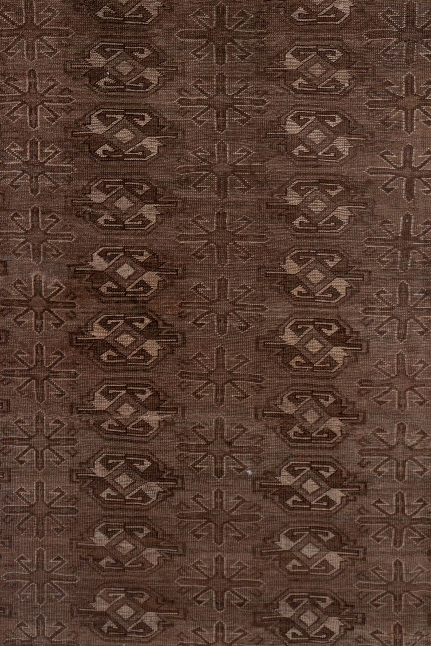 8' x 12' one-of-a-kind handmade antique Afghan large size rug. Color palette: brown, taupe, charcoal, camel, ivory, beige