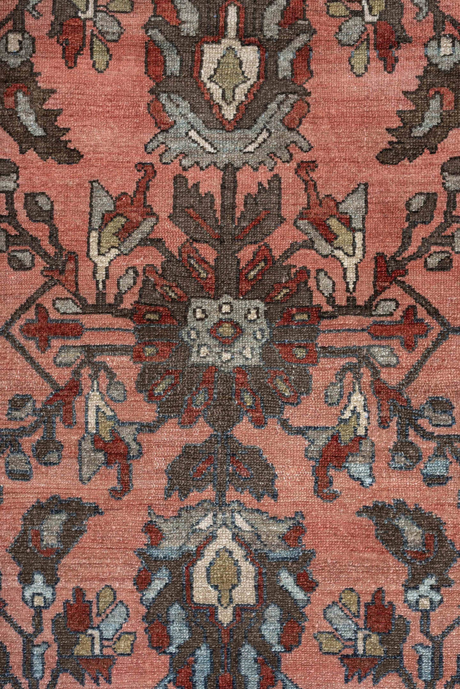12' x 13' one-of-a-kind handmade antique Lilian oversize rug. Color palette: rose, indigo, ivory, brown, slate, terra cotta
