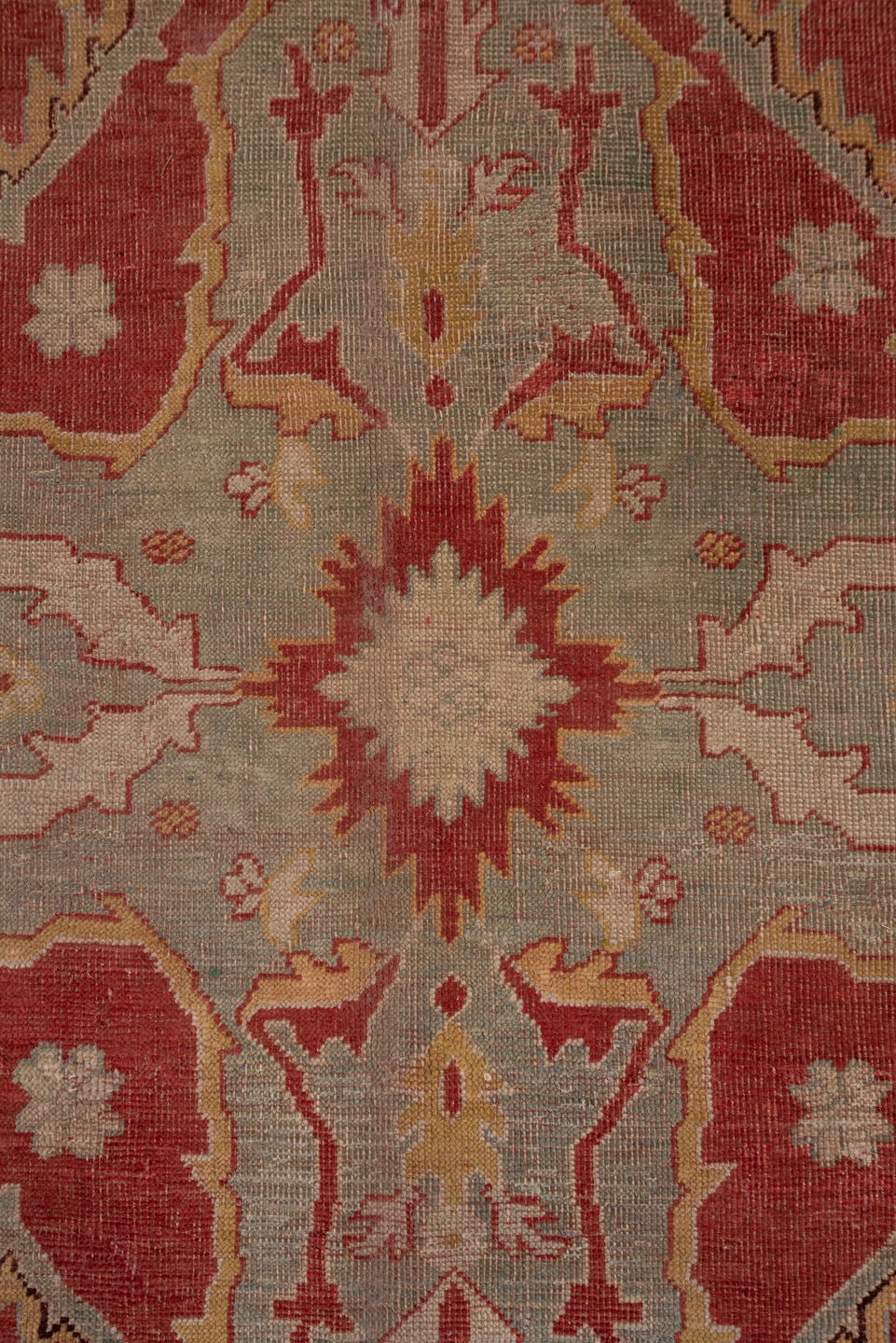11' x 13' one-of-a-kind handmade antique Oushak oversize rug. Color palette: terra cotta, ivory, sage, gold, rust, blush