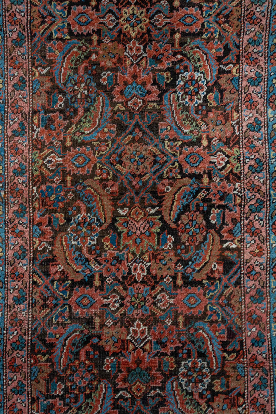 3' x 13' one-of-a-kind handmade vintage Bakhshayesh runner rug. Color palette: navy, sky blue, rust, coral, ivory, rose