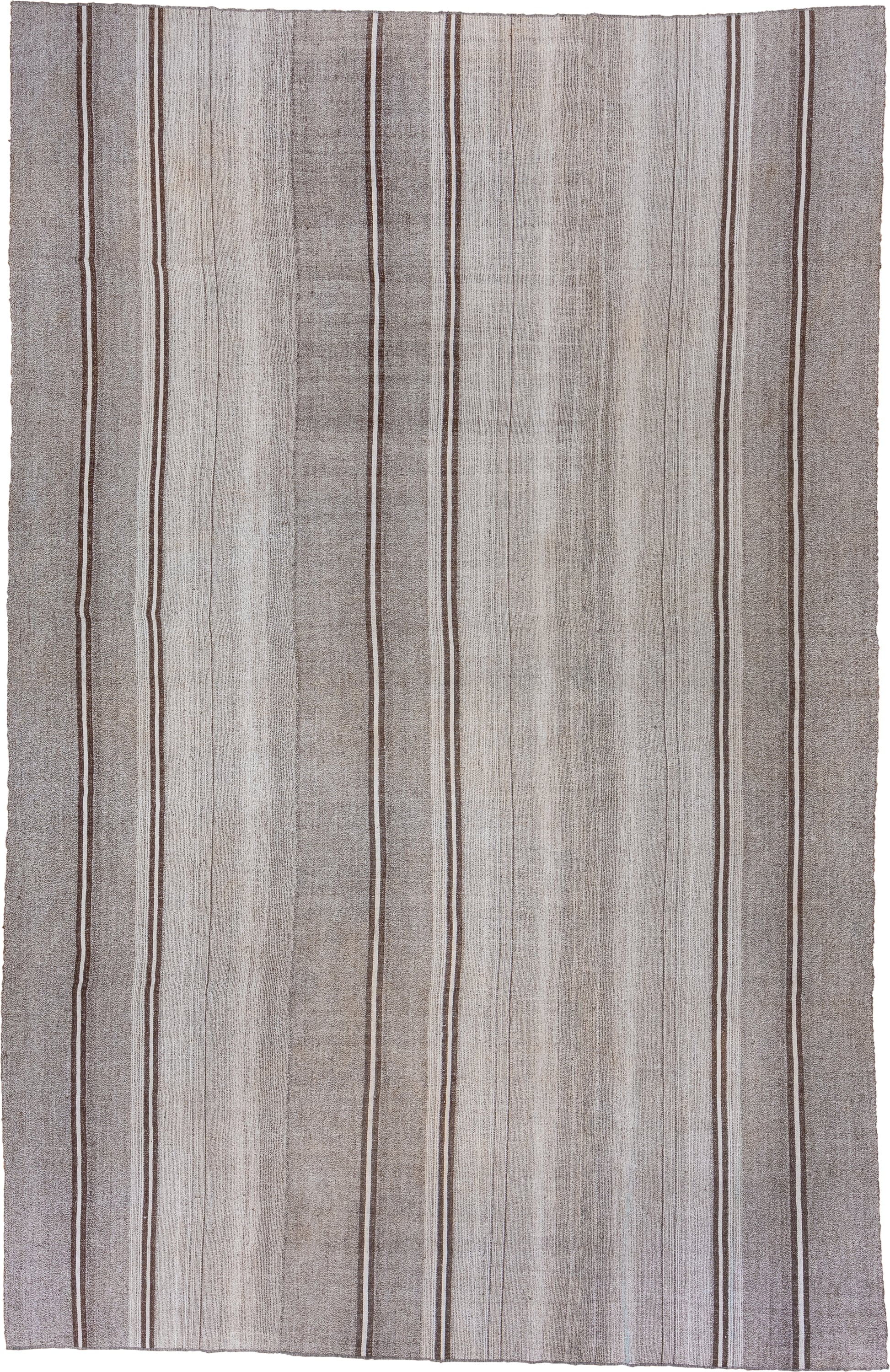 8' x 13' one-of-a-kind handmade antique Flatweave large size rug. Color palette: taupe, ivory, brown, gray, beige
