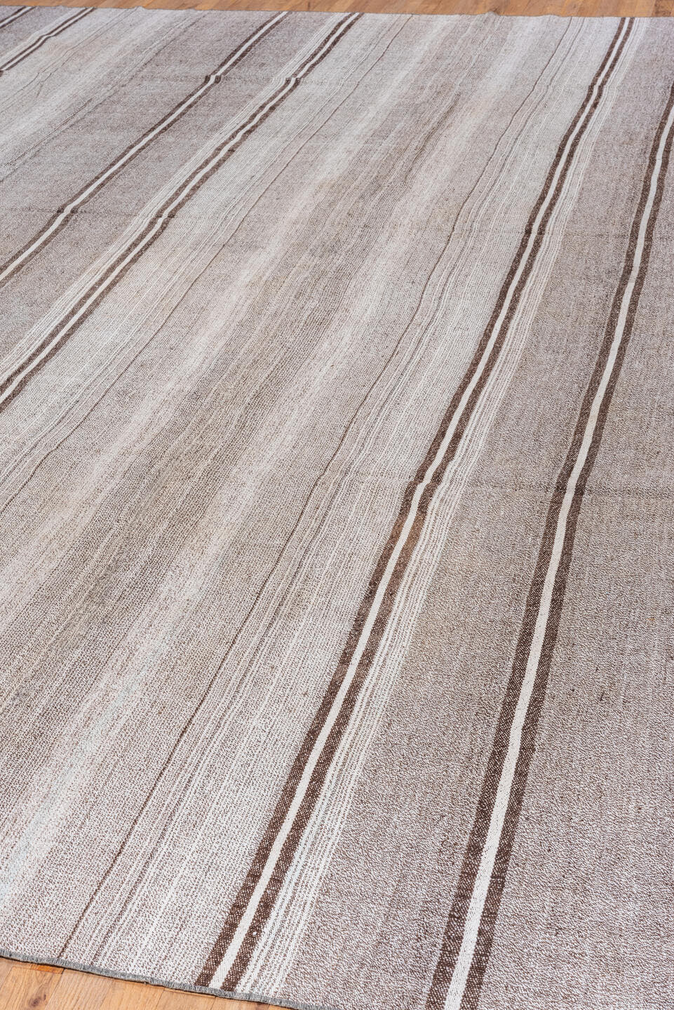 8' x 13' one-of-a-kind handmade antique Flatweave large size rug. Color palette: taupe, ivory, brown, gray, beige