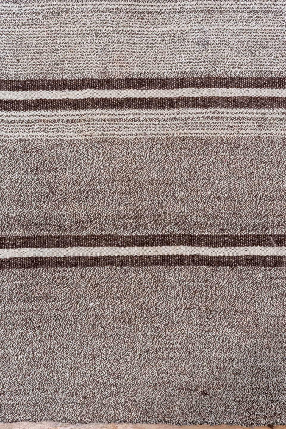 8' x 13' one-of-a-kind handmade antique Flatweave large size rug. Color palette: taupe, ivory, brown, gray, beige