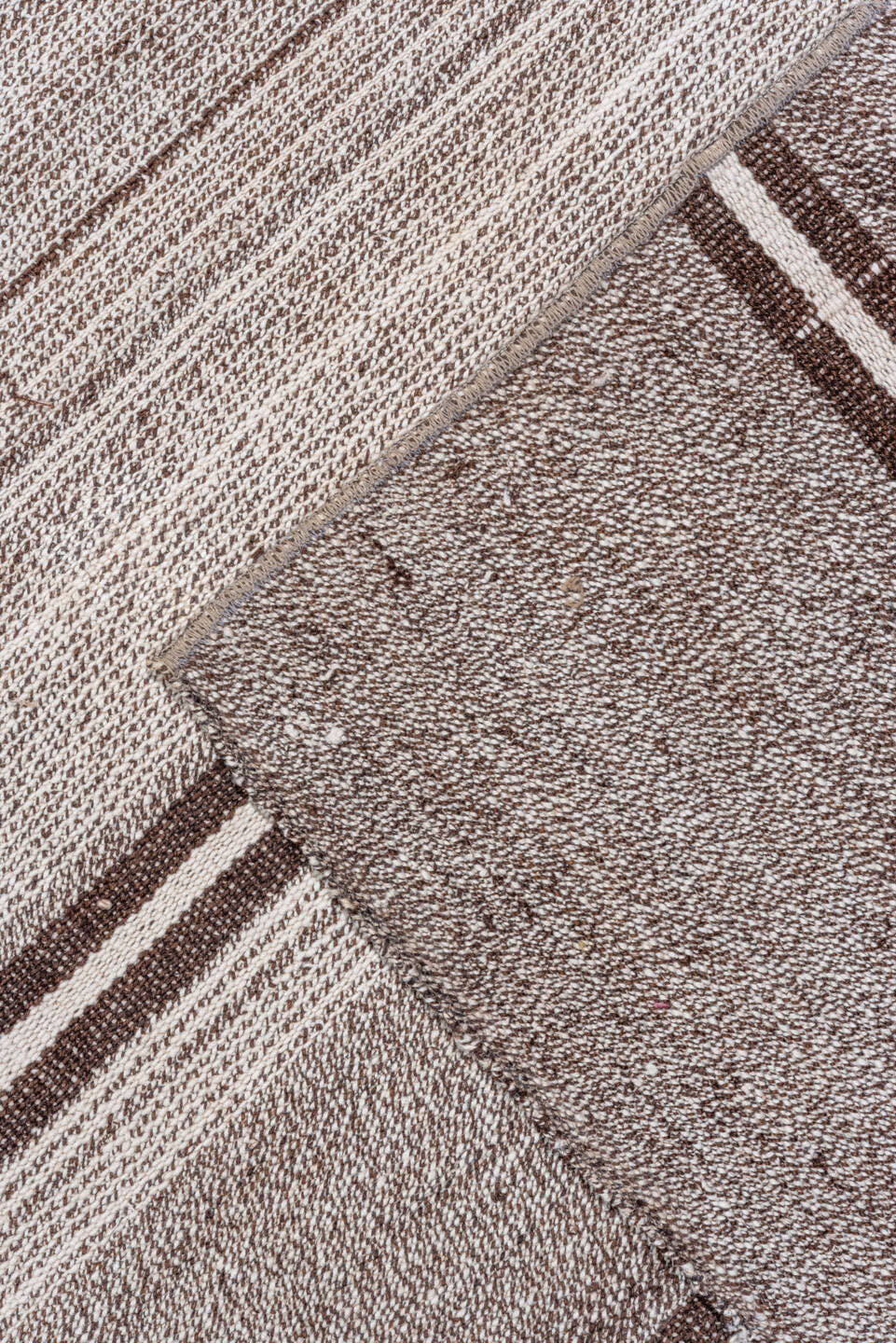8' x 13' one-of-a-kind handmade antique Flatweave large size rug. Color palette: taupe, ivory, brown, gray, beige