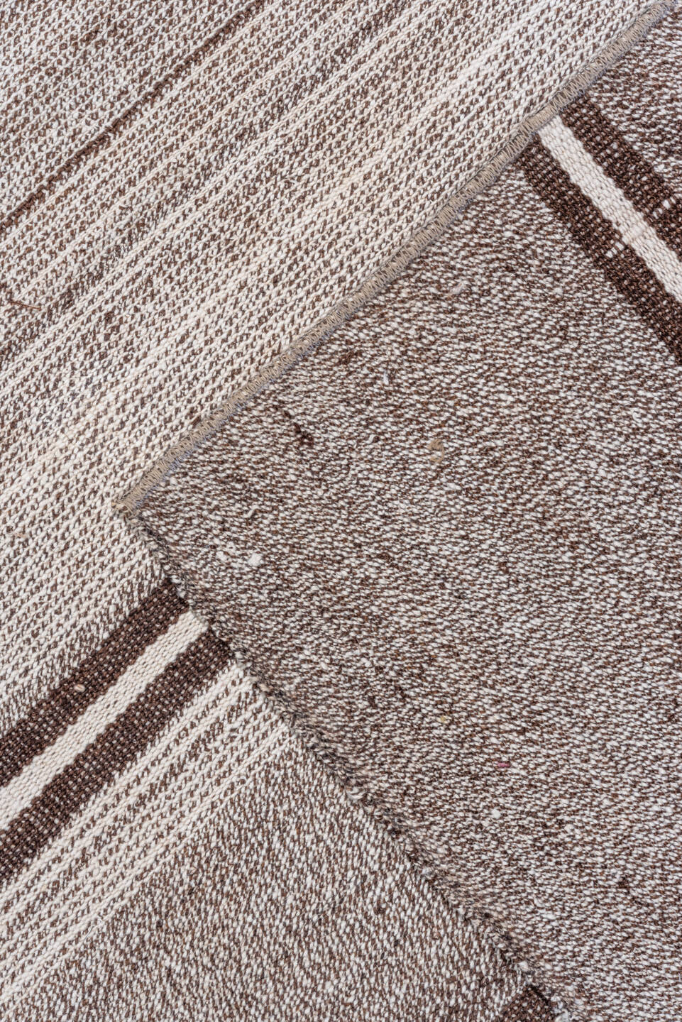 8' x 13' one-of-a-kind handmade antique Flatweave large size rug. Color palette: taupe, ivory, brown, gray, beige