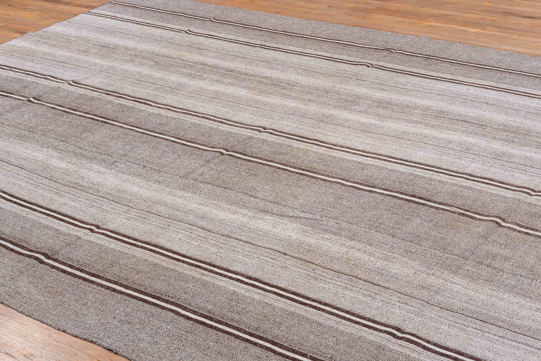 8' x 13' one-of-a-kind handmade antique Flatweave large size rug. Color palette: taupe, ivory, brown, gray, beige
