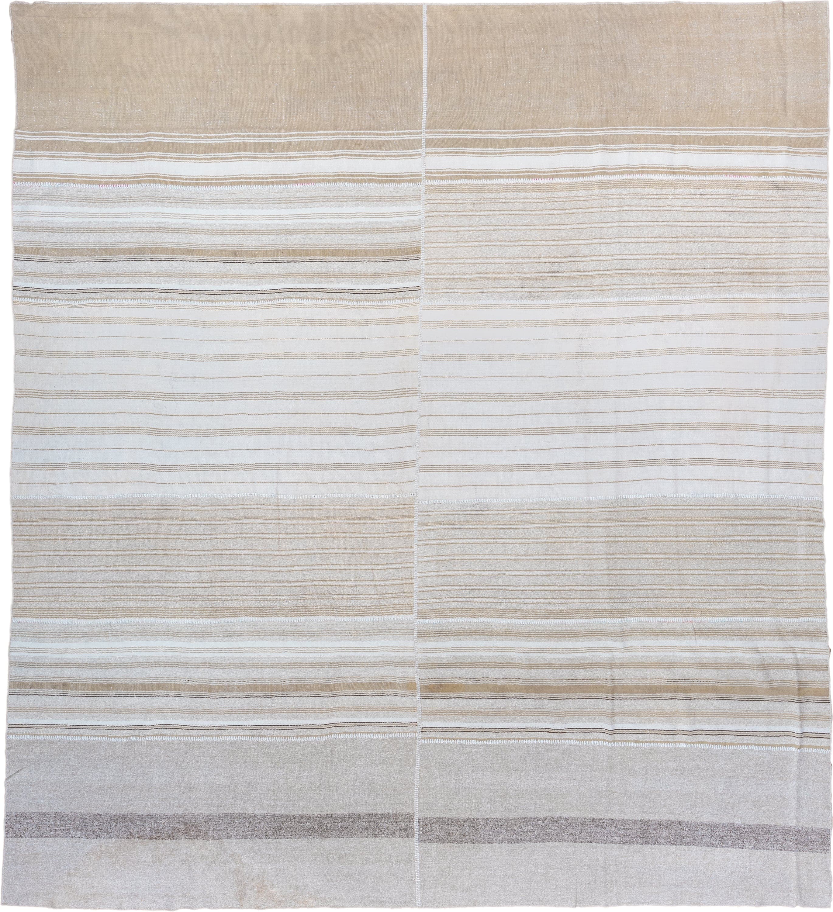 11' x 12' one-of-a-kind handmade antique Flatweave oversize rug. Color palette: ivory, beige, taupe, light brown, cream