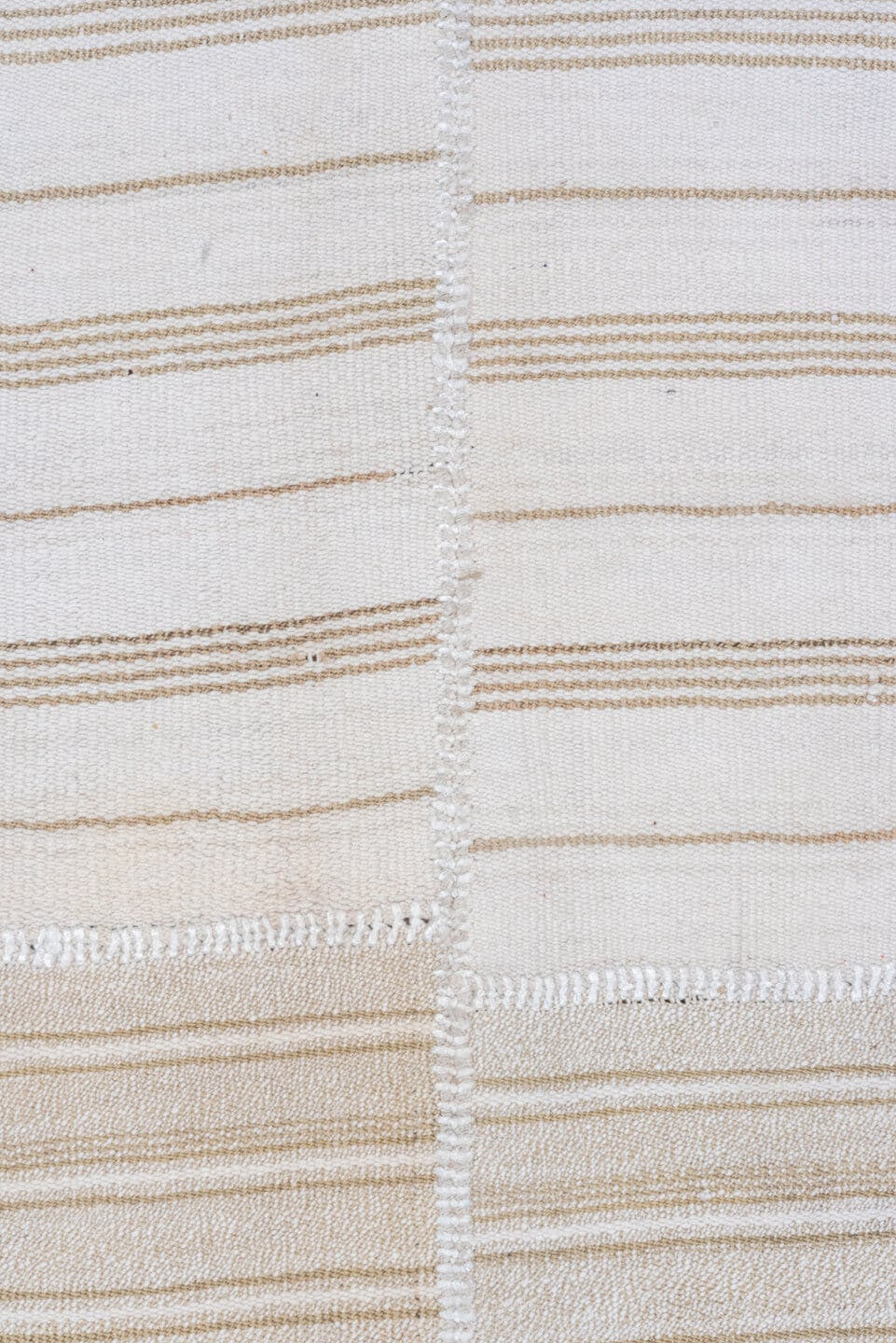 11' x 12' one-of-a-kind handmade antique Flatweave oversize rug. Color palette: ivory, beige, taupe, light brown, cream