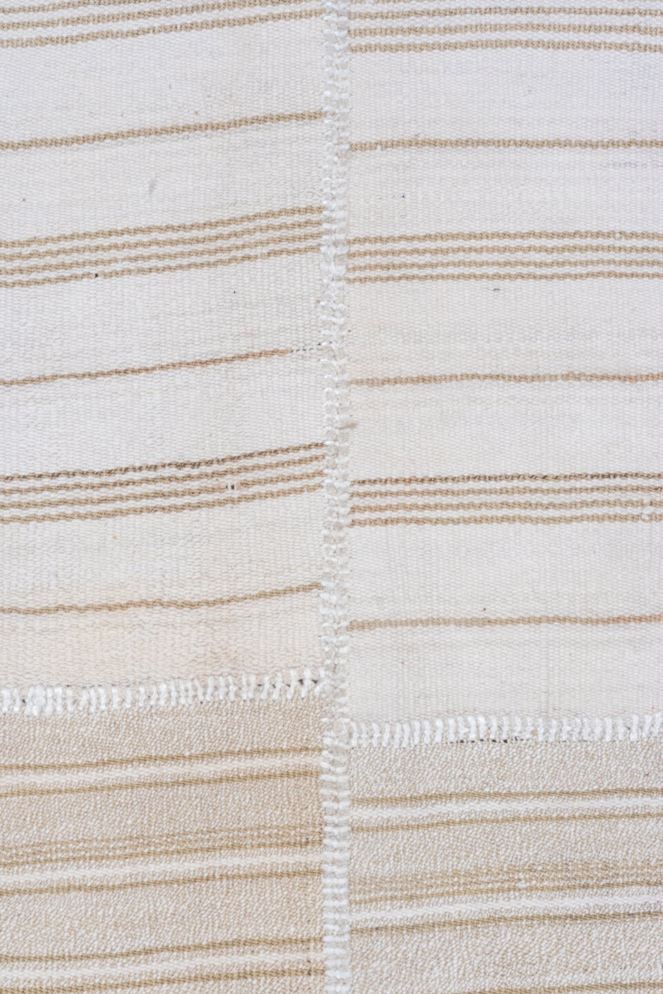 11' x 12' one-of-a-kind handmade antique Flatweave oversize rug. Color palette: ivory, beige, taupe, light brown, cream