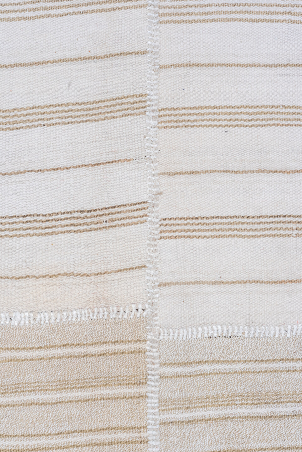 11' x 12' one-of-a-kind handmade antique Flatweave oversize rug. Color palette: ivory, beige, taupe, light brown, cream