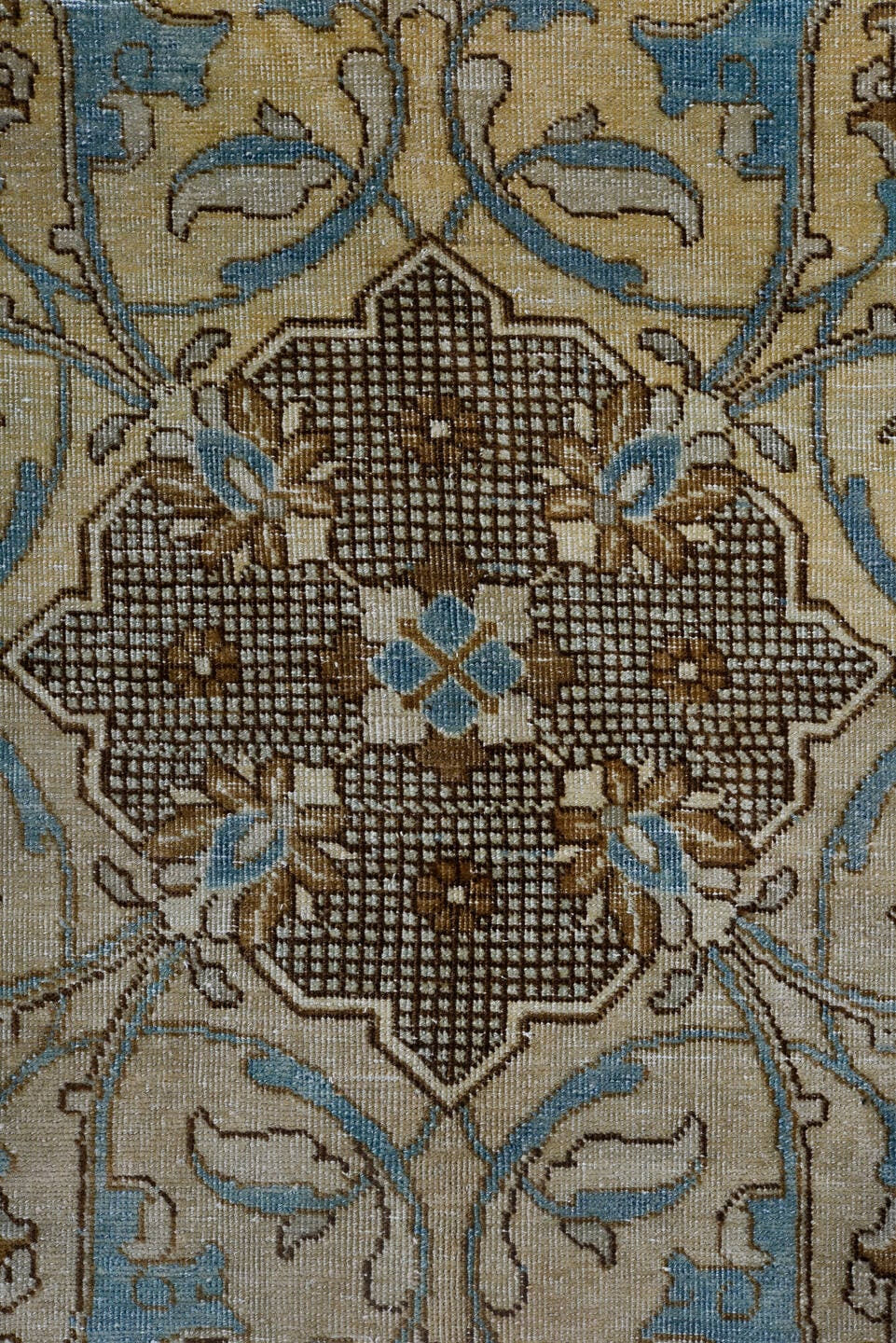 10' x 12' one-of-a-kind handmade antique Tabriz large size rug. Color palette: ivory, camel, sky_blue, taupe, brown, beige