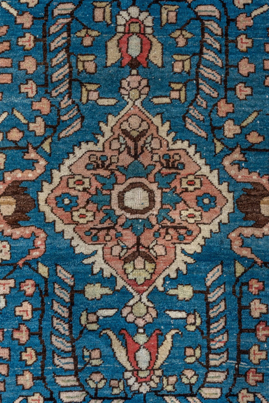 4' x 6' one-of-a-kind handmade antique Sarouk small size rug. Color palette: blue, ivory, blush, brown, coral, sage