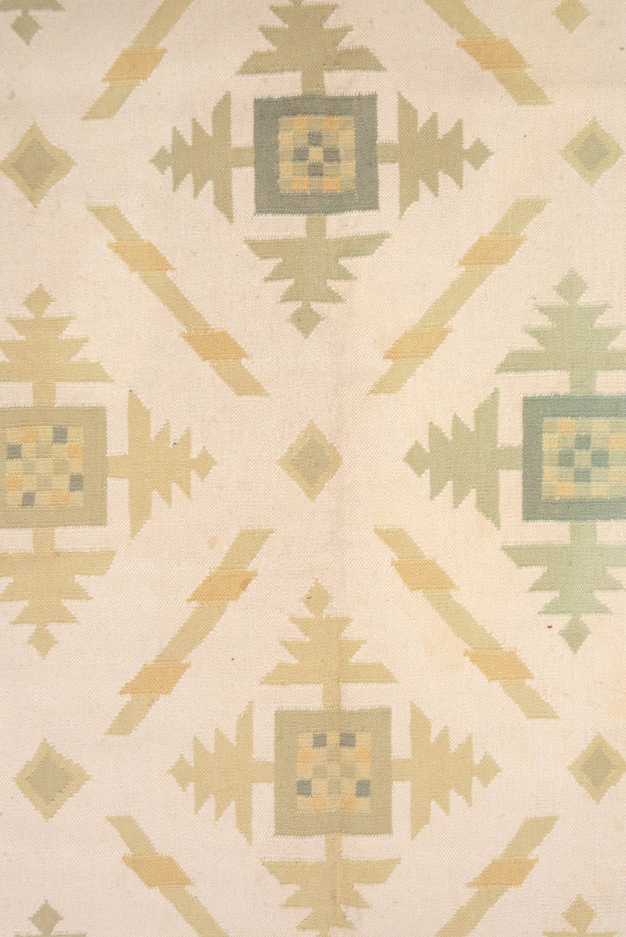 6' x 9' one-of-a-kind handmade antique Dhurrie medium size rug. Color palette: ivory, taupe, sage, sand, cream, beige, gray