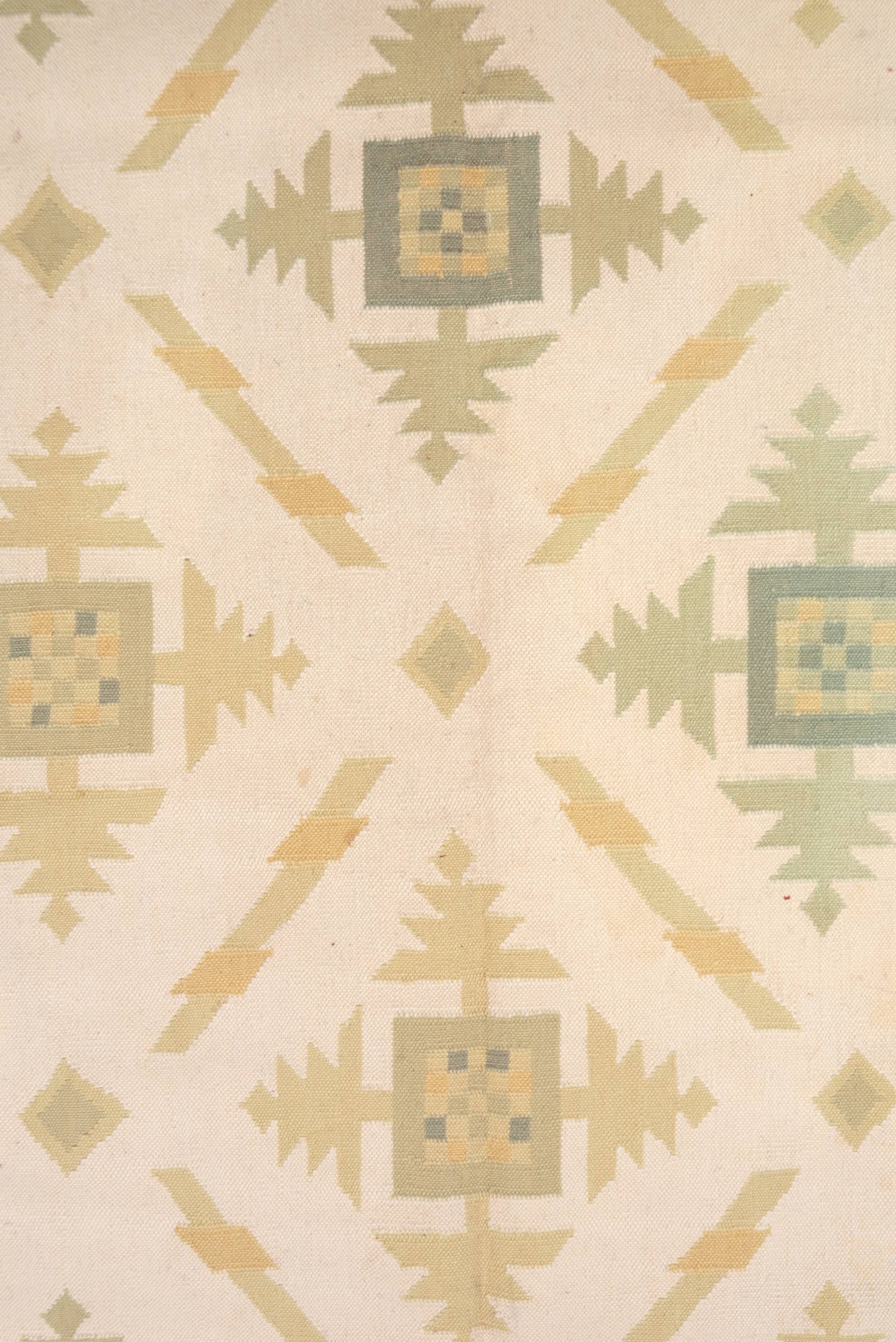 6' x 9' one-of-a-kind handmade antique Dhurrie medium size rug. Color palette: ivory, taupe, sage, sand, cream, beige, gray