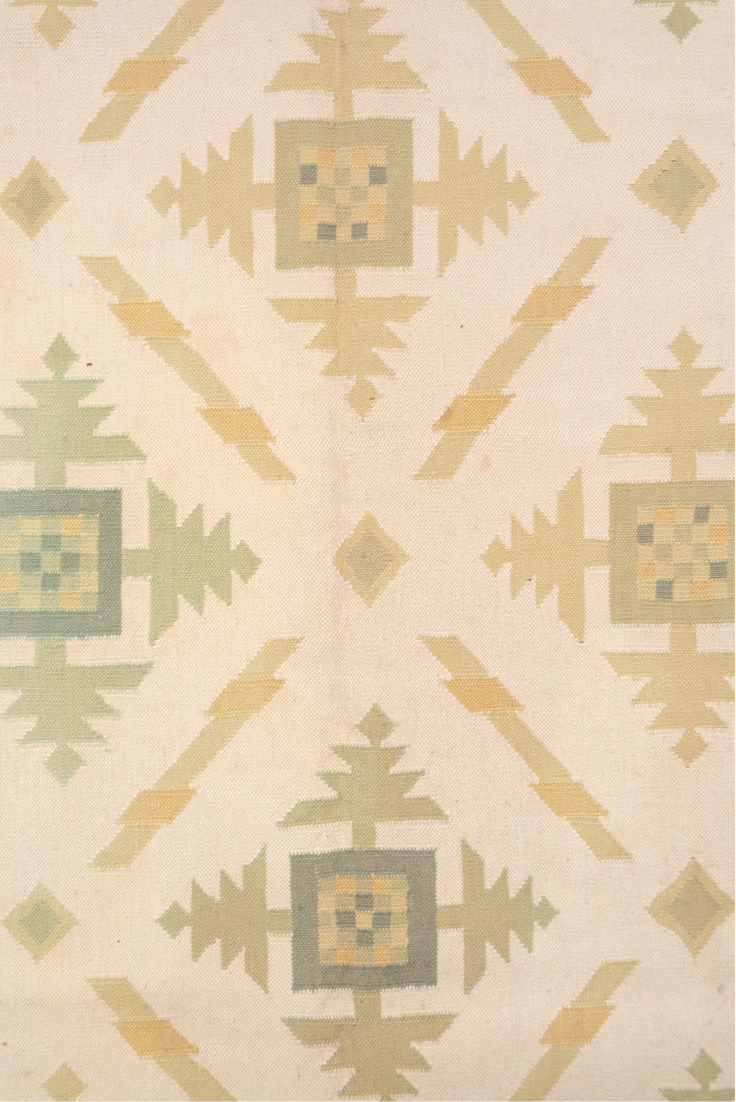 6' x 9' one-of-a-kind handmade antique Dhurrie medium size rug. Color palette: ivory, taupe, sage, sand, cream, beige, gray