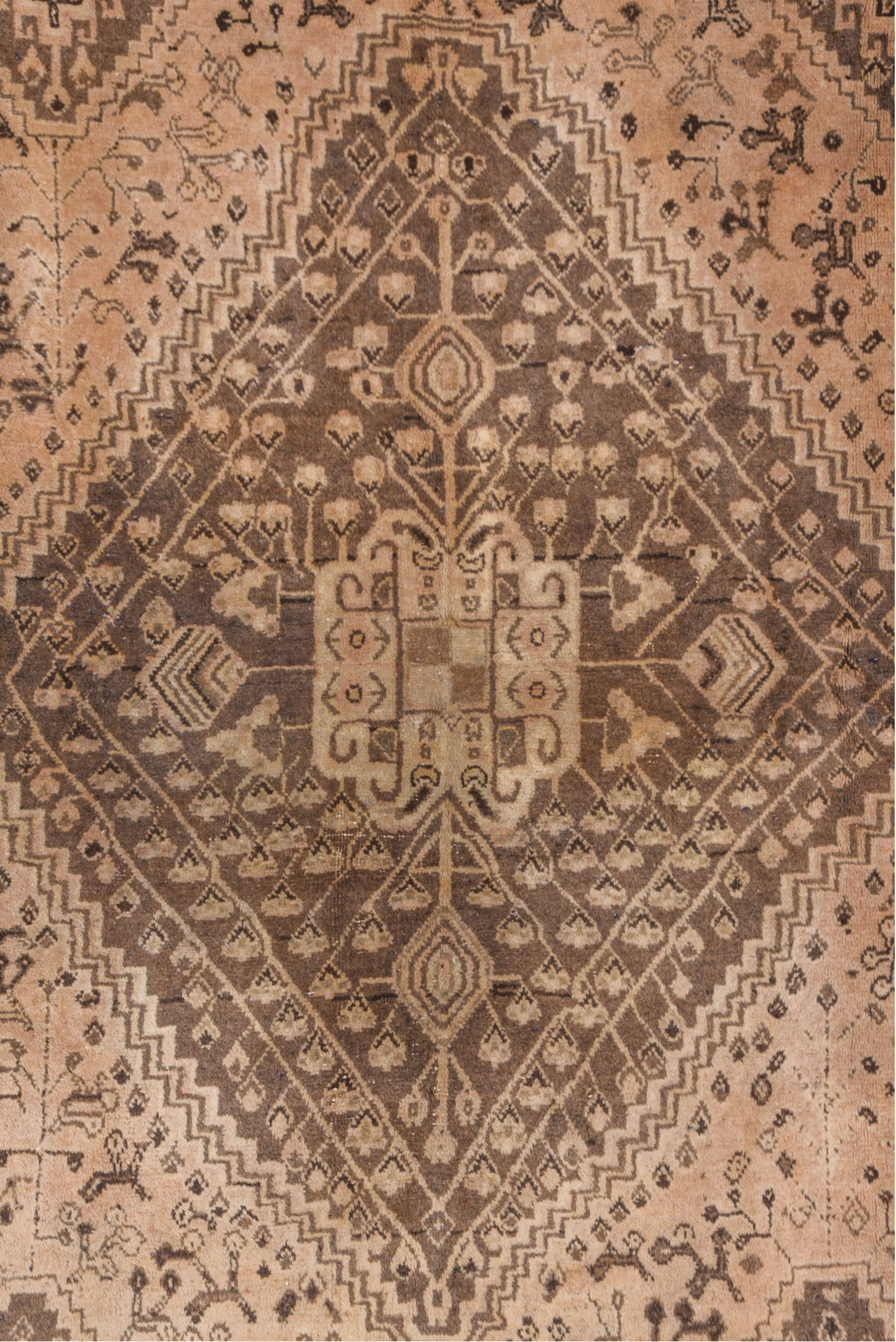 6' x 9' one-of-a-kind handmade antique Shiraz medium size rug. Color palette: ivory, camel, brown, taupe, charcoal, beige