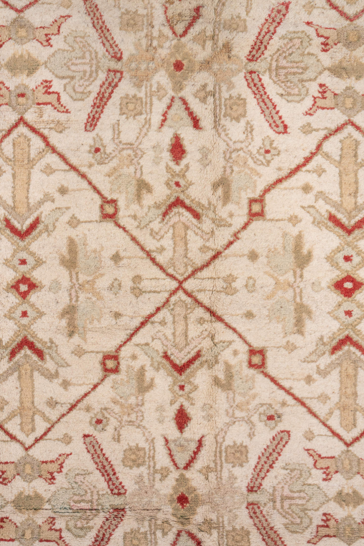 8' x 11' one-of-a-kind handmade antique Oushak large size rug. Color palette: ivory, coral, beige, tan, rose, terracotta