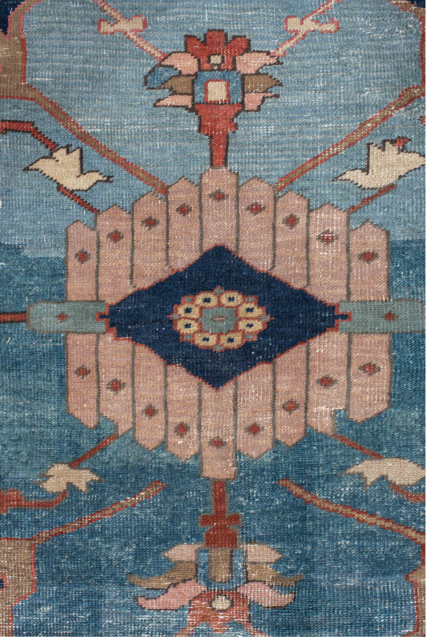 11' x 16' one-of-a-kind handmade vintage Serapi oversize rug. Color palette: black, blue, brown, dark gray, gray, light blue