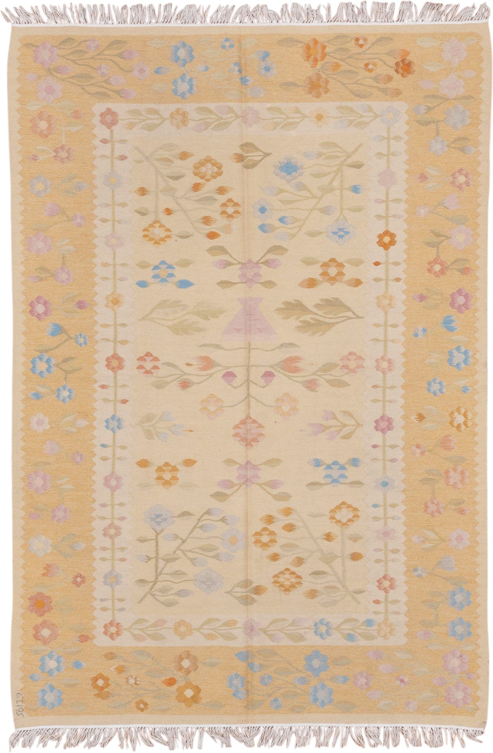 4' x 7' one-of-a-kind handmade antique Besserabian rug. Color palette: ivory, gold, camel, sky_blue, blush, sage, peach